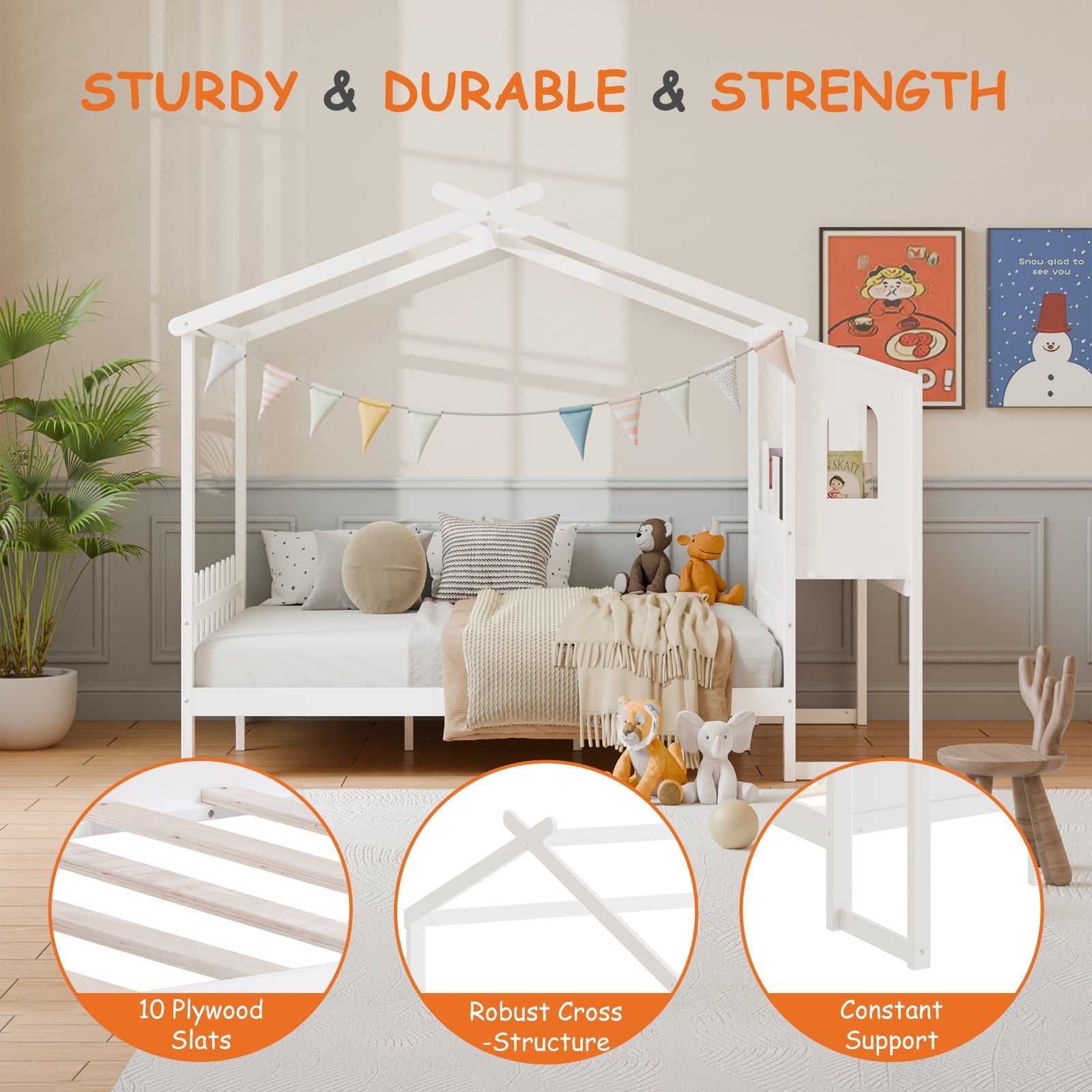 White Wooden House Bed Frame with Desk