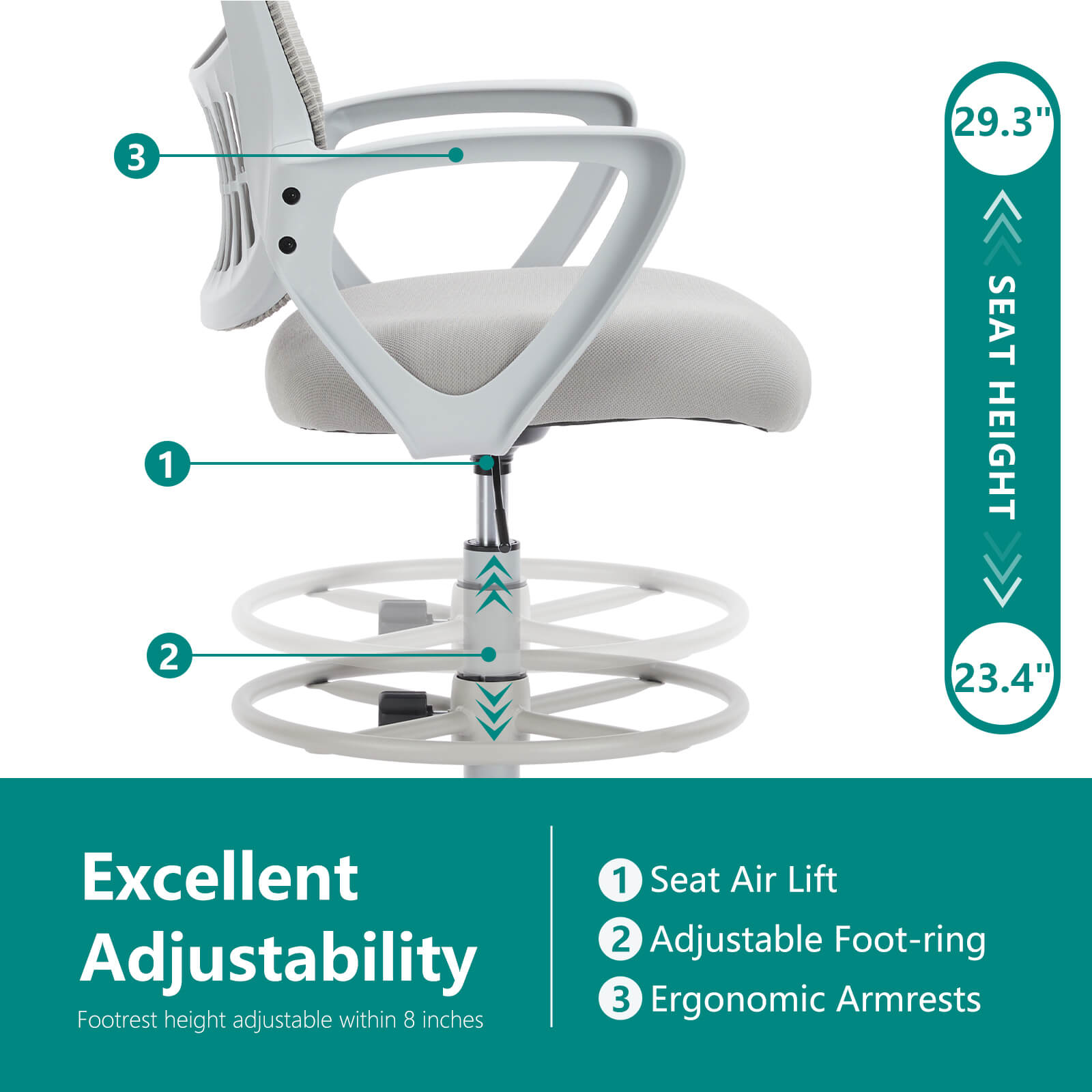 Ergonomic Tall Drafting Chair Height Adjustable