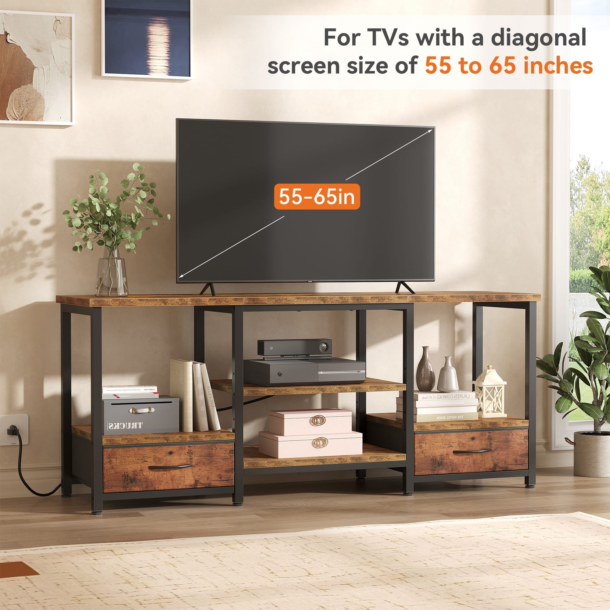 Brown Wood TV Stand with Fabric Drawers