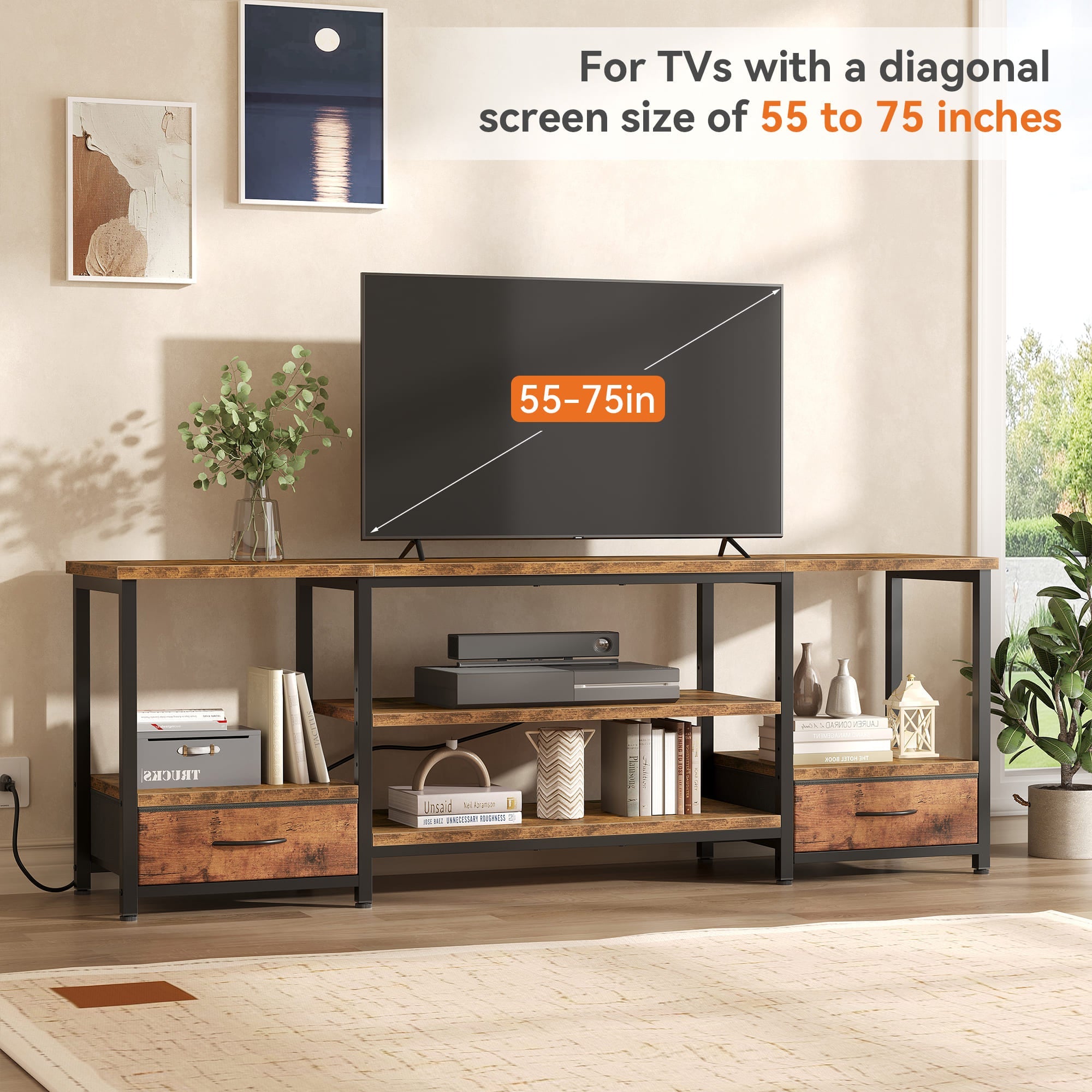 Brown Wood TV Stand with Fabric Drawers
