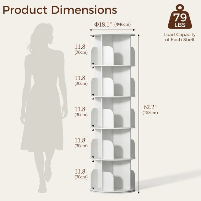 5-Tier Rotating Bookshelf | 360° Revolving Tower Bookcase for Living Room & Study