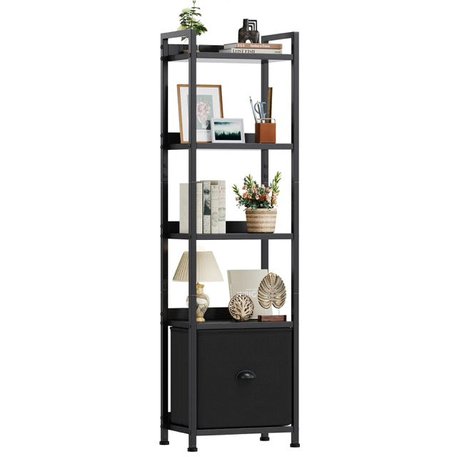 4 & 5-Tier Bookshelf with Fabric Drawer | Wood & Metal Bookcase for Living Room, Study & Office