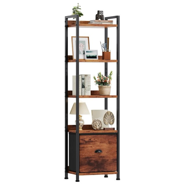 4 & 5-Tier Bookshelf with Fabric Drawer | Wood & Metal Bookcase for Living Room, Study & Office