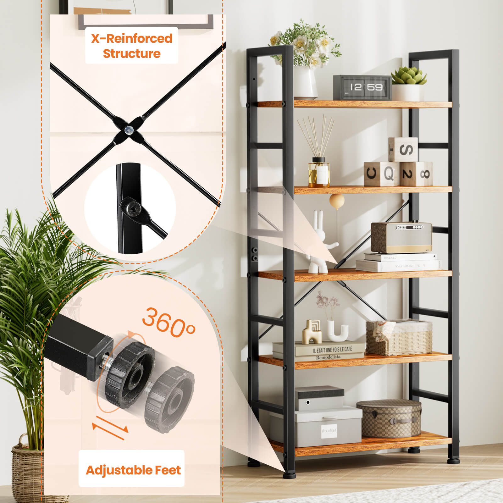 5-Tier Black Metal Bookcase