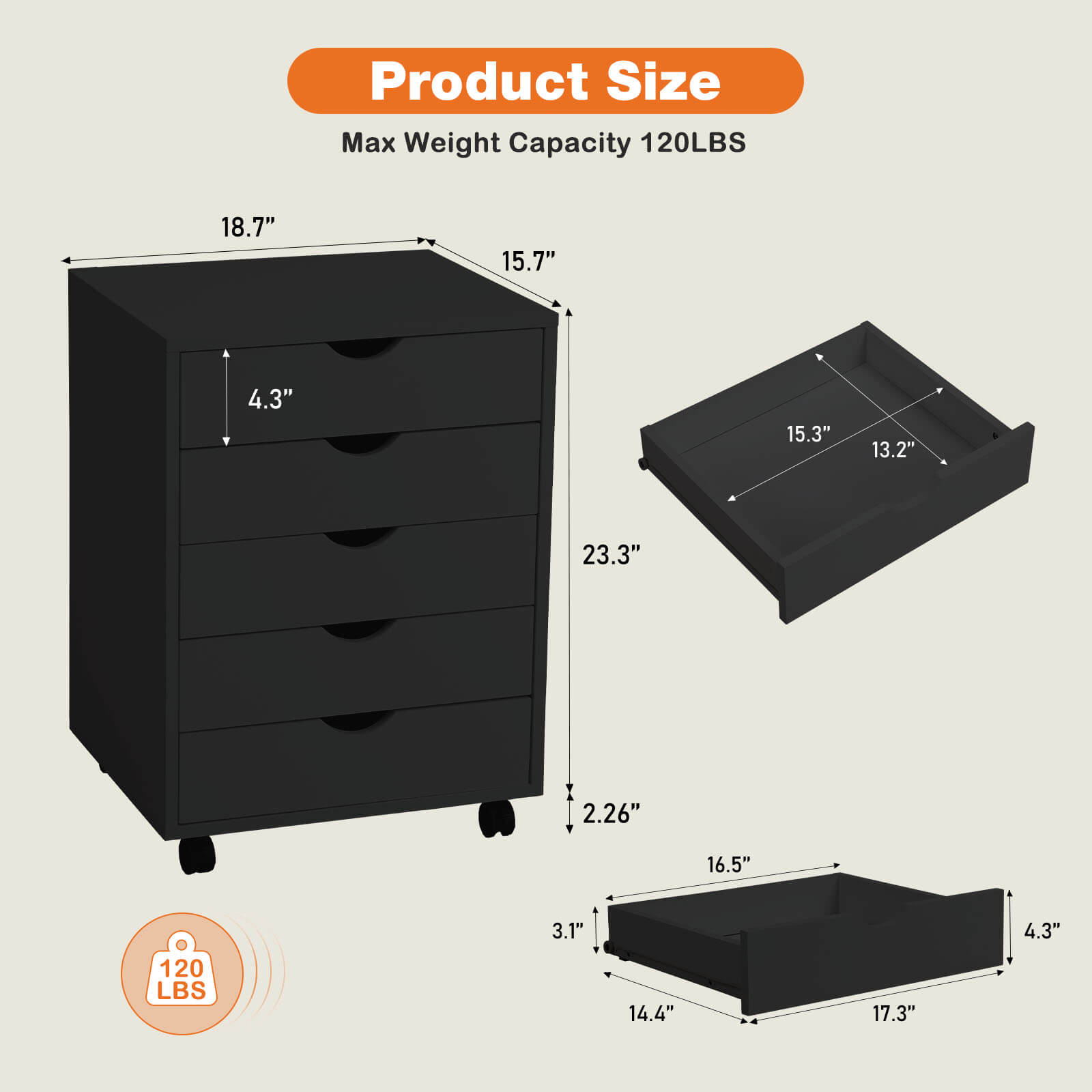 5 Drawer Mobile Chest of Drawers