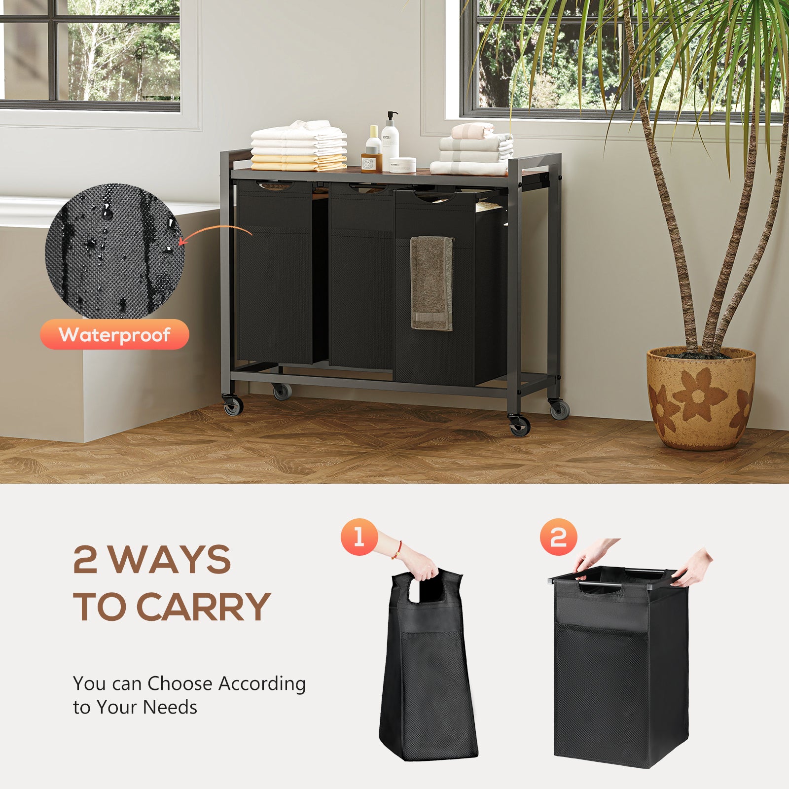 WareBay Laundry Hamper with Removable Bags, Shelf & Wheels – 1 to 4 Basket Sorter