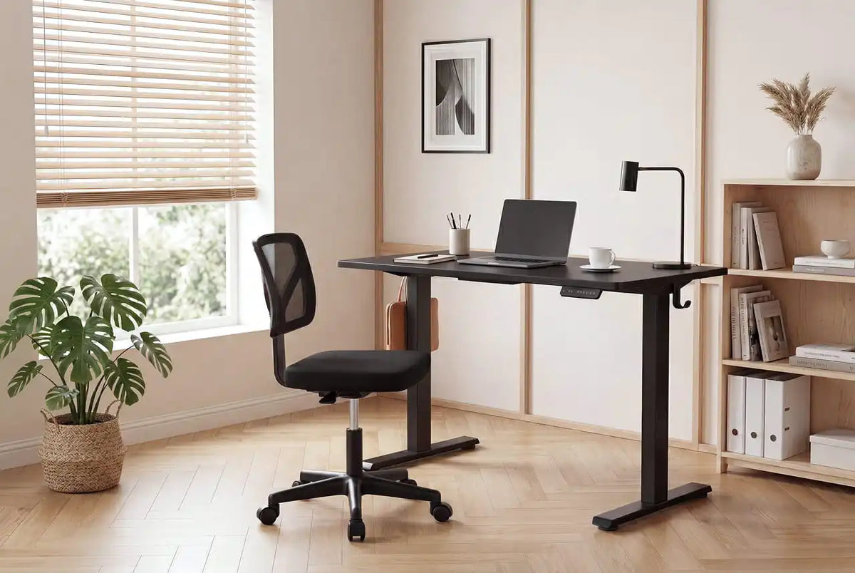 Home office setup with a adjustable desk, chair, and decor elements.
