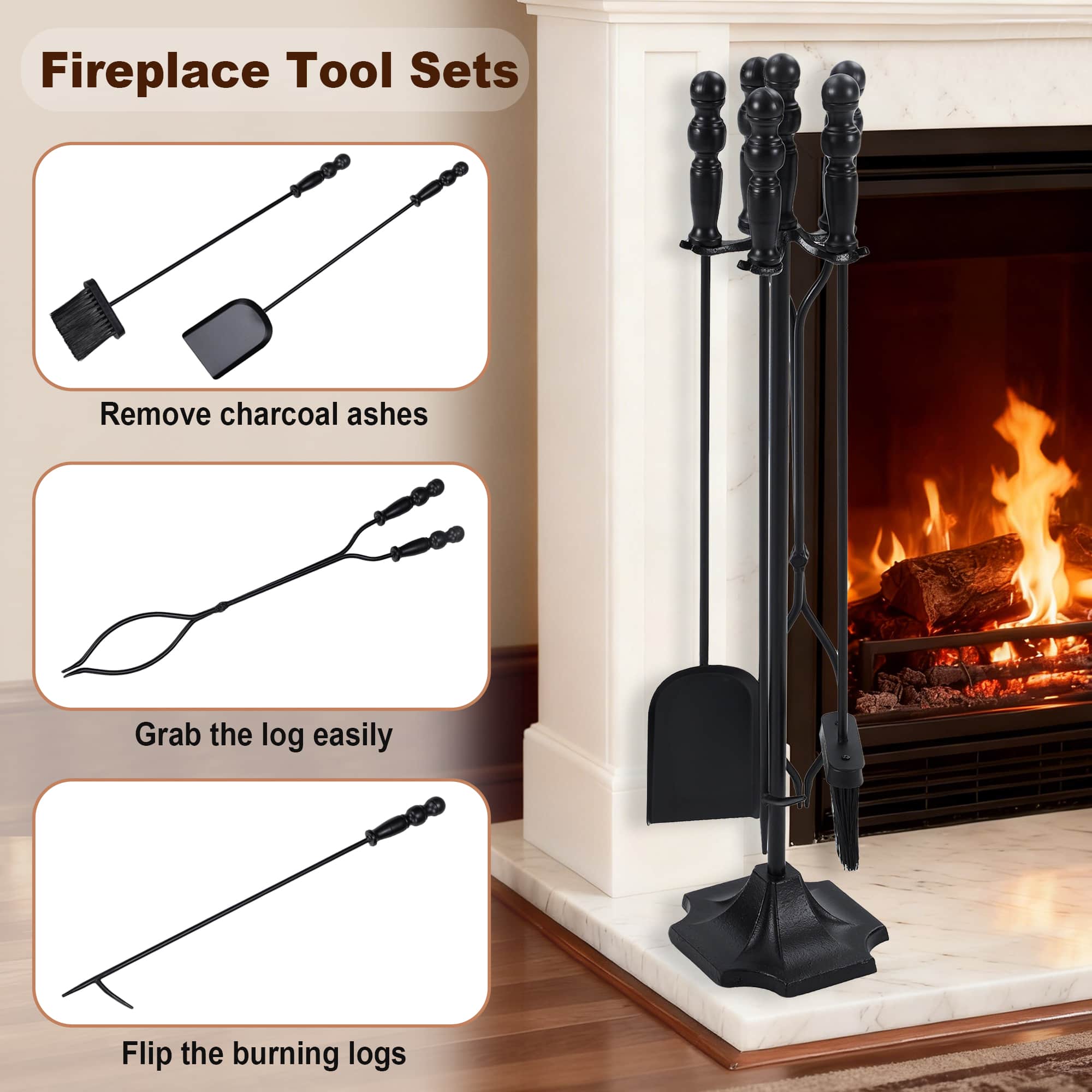 5-Piece Forged Iron Fireplace Tool Set