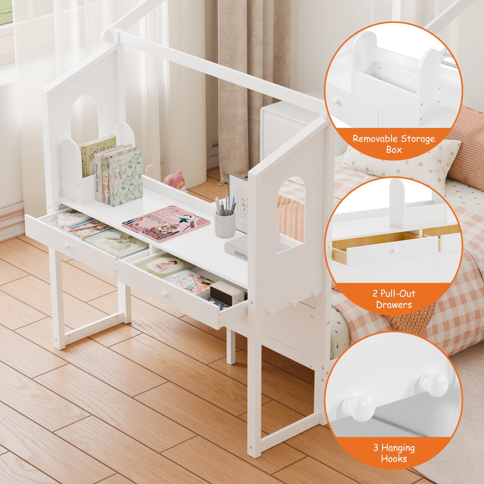 White Wooden House Bed Frame with Desk