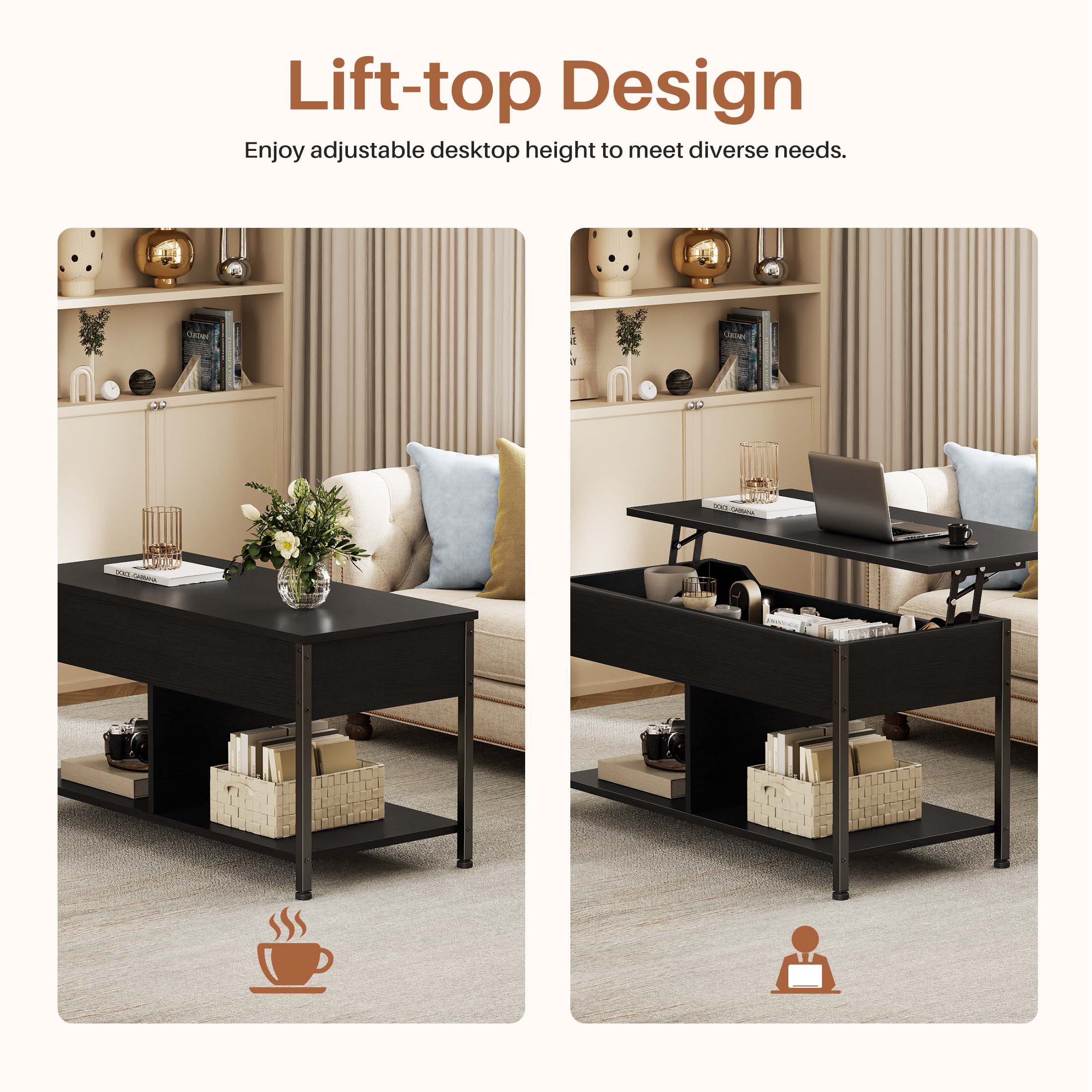 Adjustable Lift-Top Coffee Table with Storage