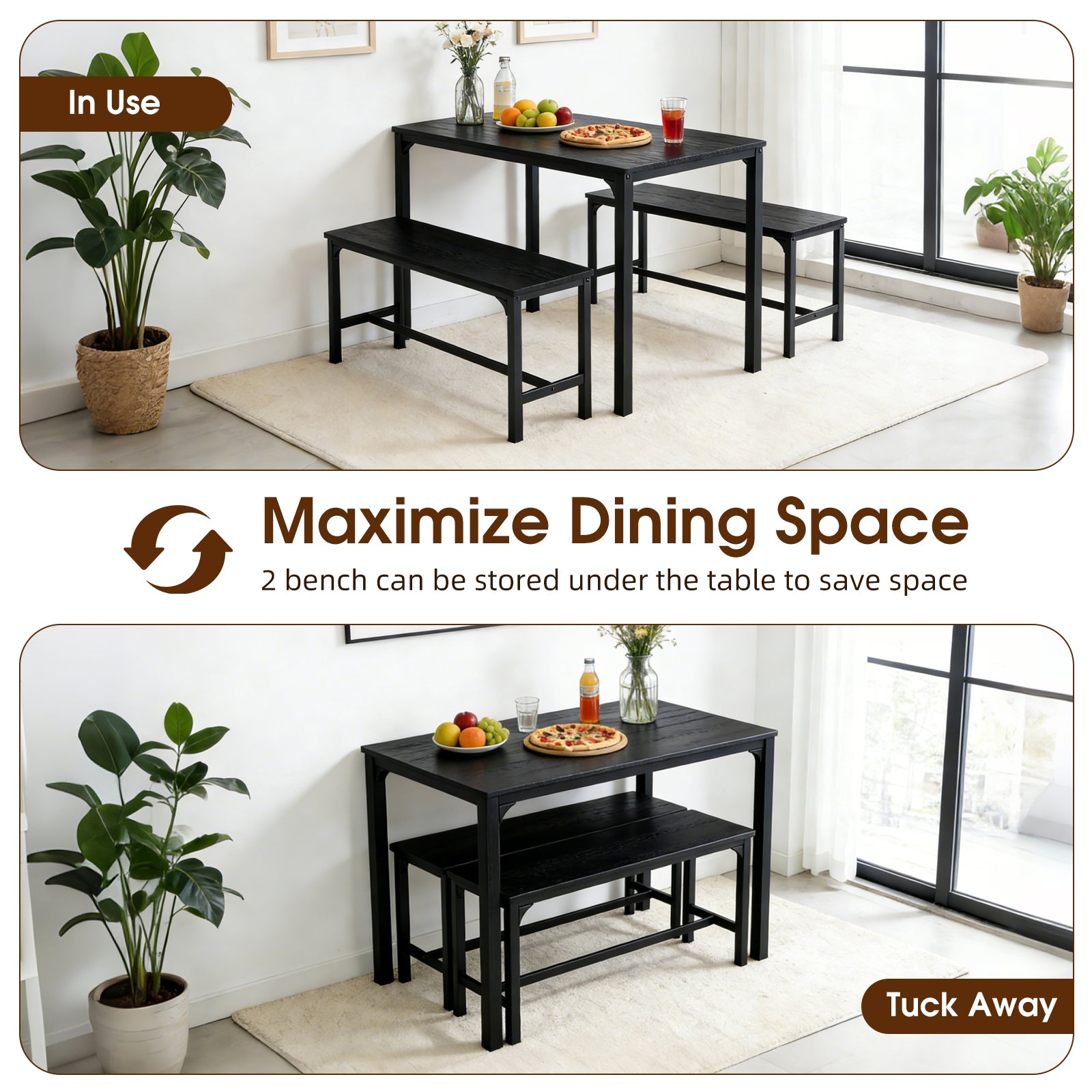 3/4-Piece Black Gray Dining Table Set