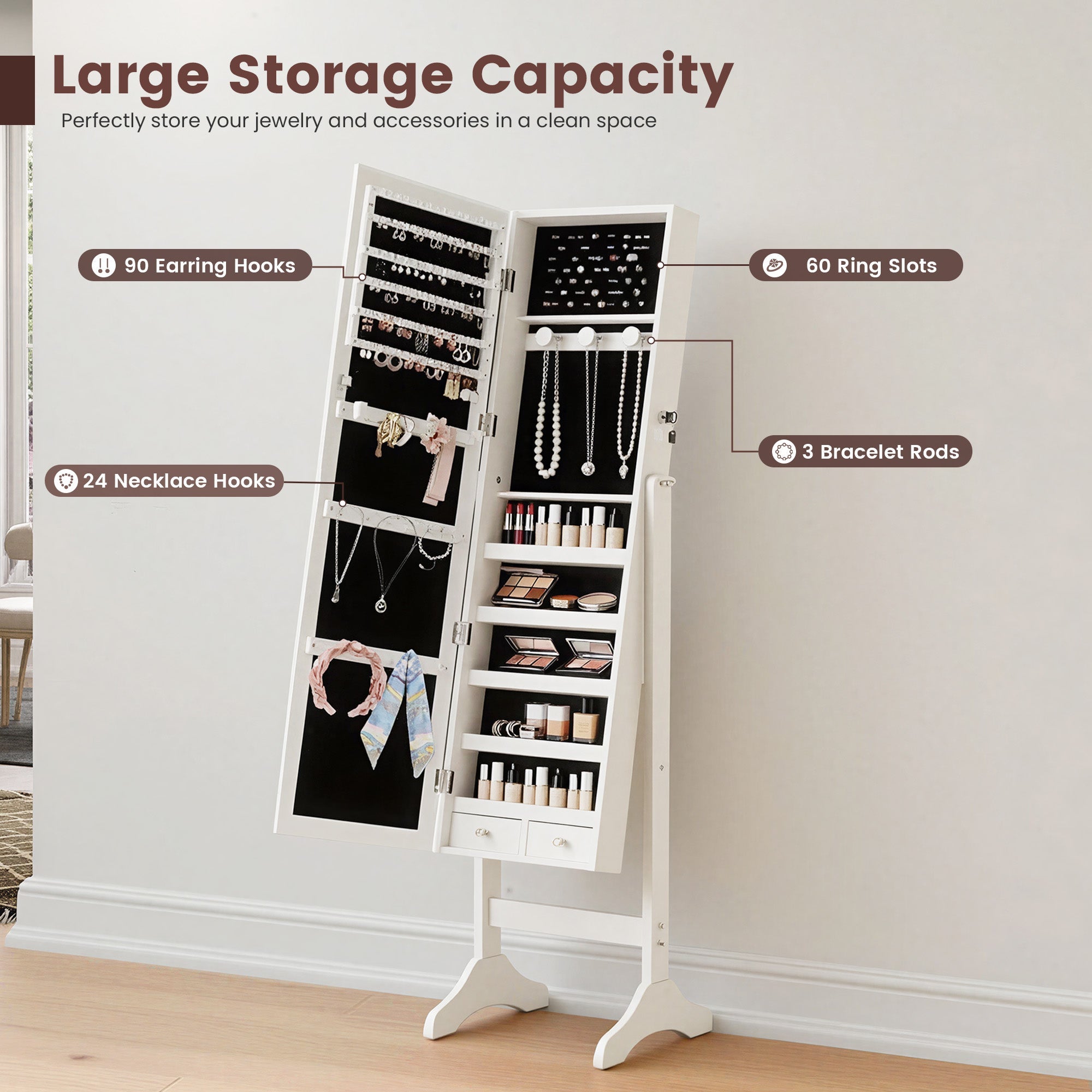 Freestanding Full Length Mirror Jewelry Cabinet