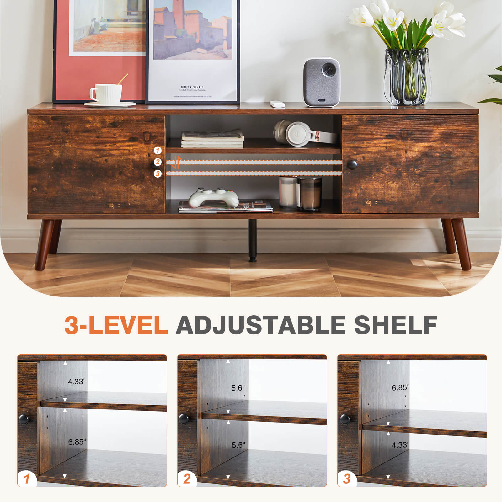 Walnut Wood 60" TV Stand Double Cabinet