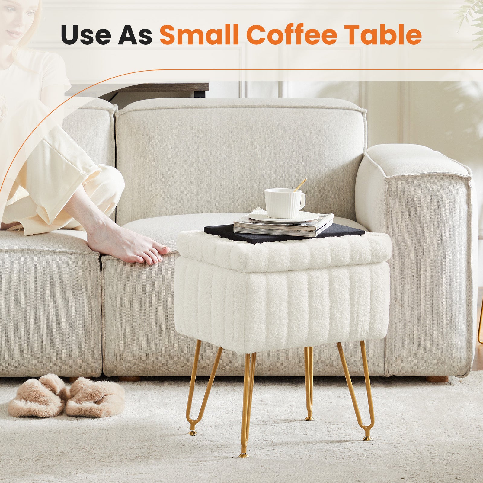 WareBay Vanity Stool with Hidden Storage & Faux Fur Cushion | Metal Legs
