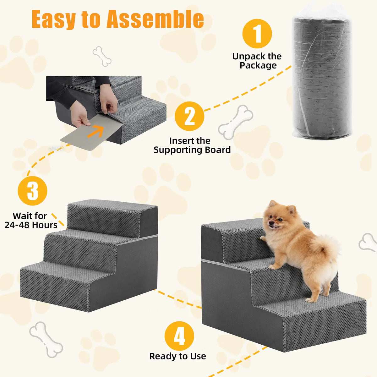 Pet Stairs for Dogs & Cats – Foam Dog Steps with Anti-Slip Base & Washable Cover, 3/4/5 Steps