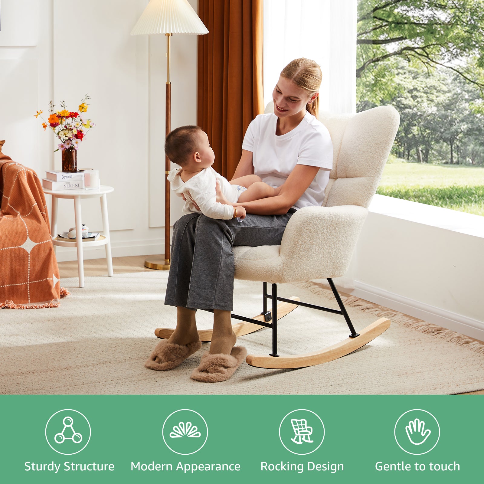 Teddy Upholstered Glider Rocker with High Backrest | Nursery & Living Room Rocking Chair