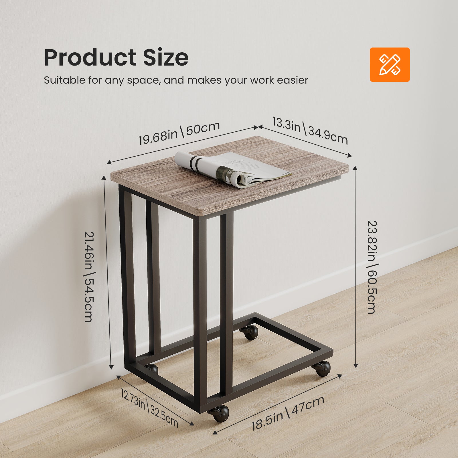 C-Shaped Steel Side Table with Casters