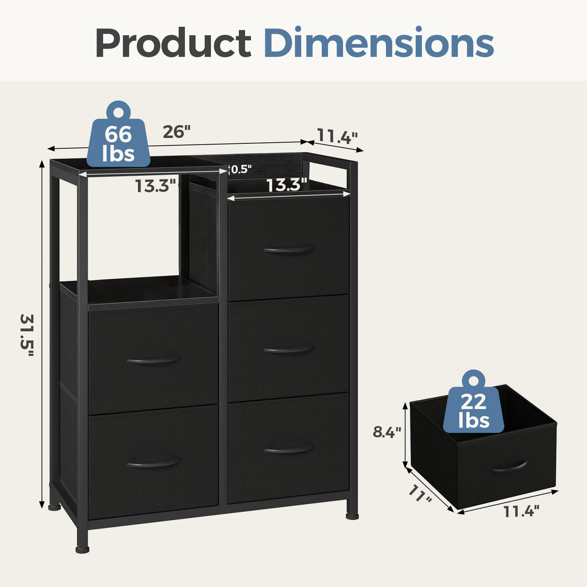 5-Drawer Fabric Wardrobe with Double Shelf 