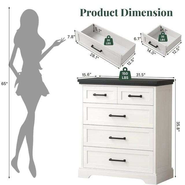 5-Drawer Chest of Drawers – Black & White Country Style Dresser with Wood Top