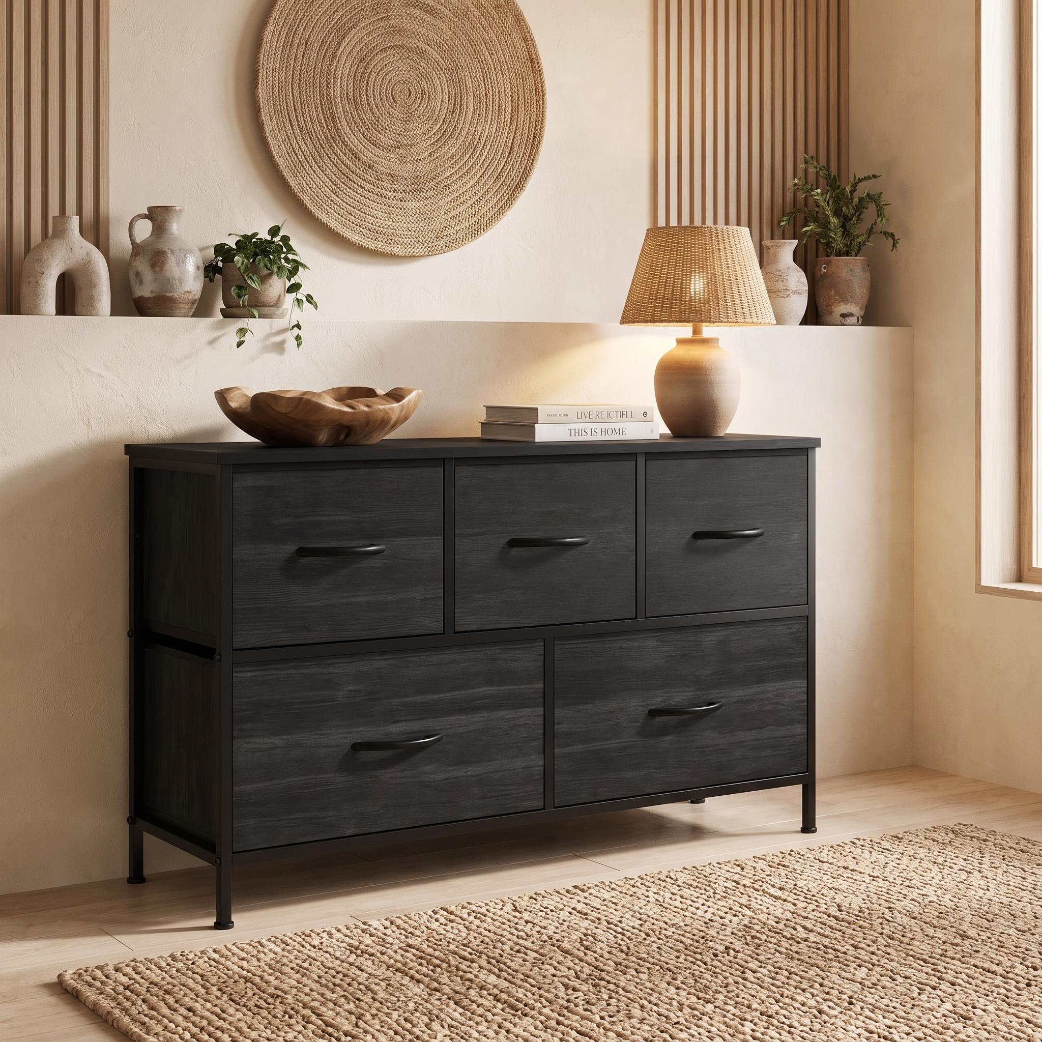 5 Drawer Fabric Dresser with Wood Top for Bedroom