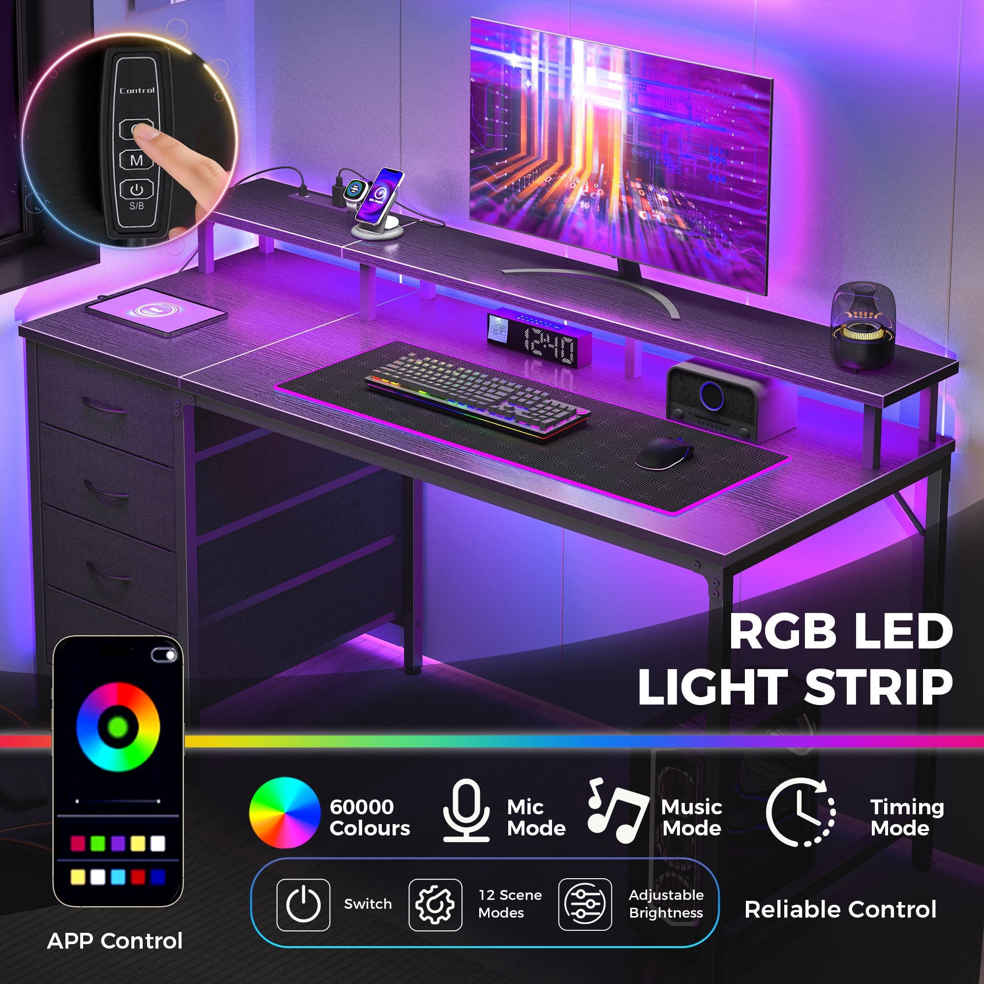 LED Computer Desk with Drawers and Charging