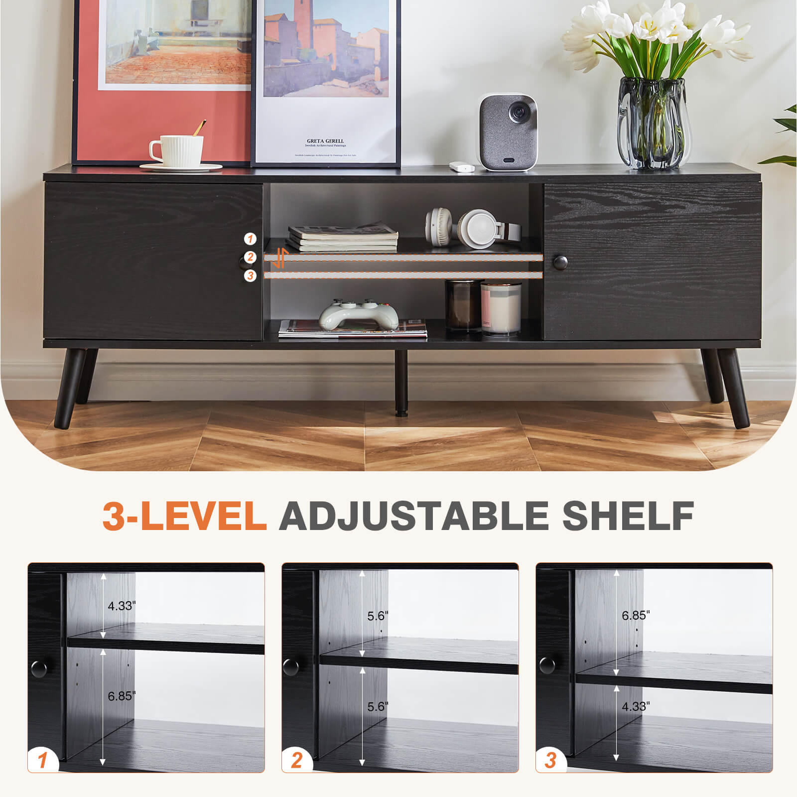 Walnut Wood 60" TV Stand Double Cabinet