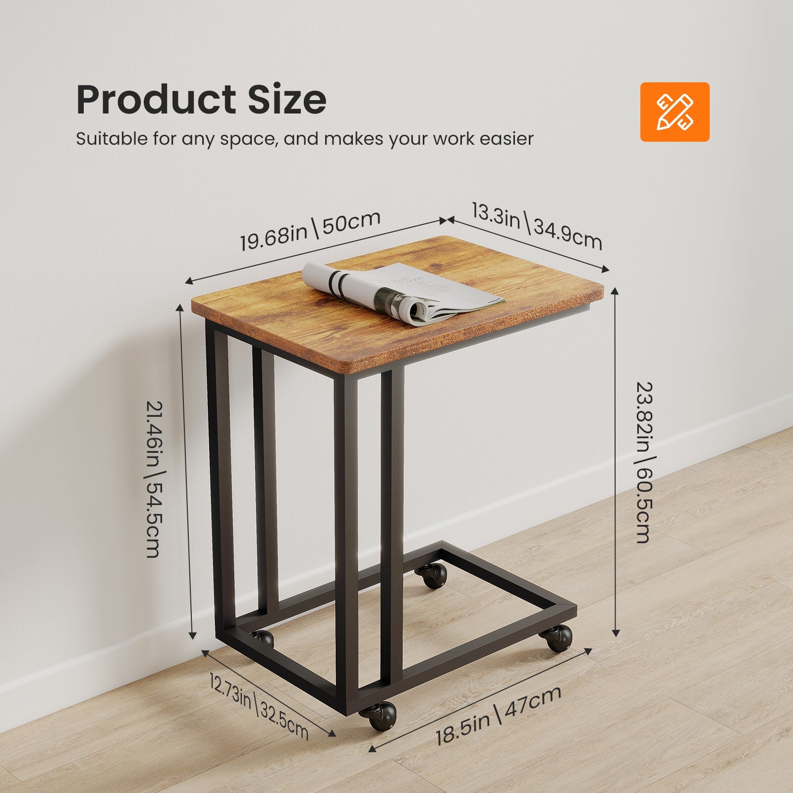 C-Shaped Steel Side Table with Casters