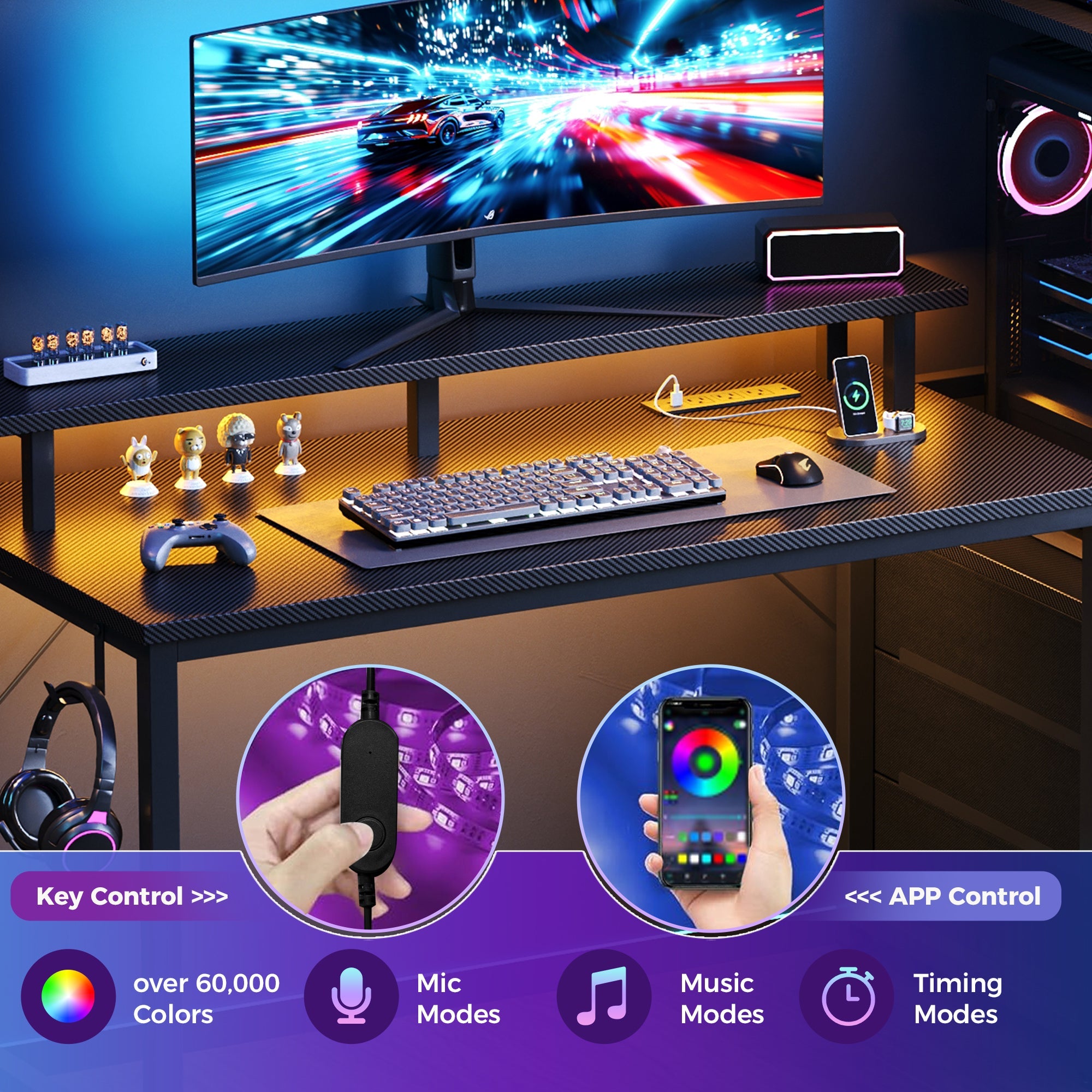 LED Computer Desk with Monitor Stand & Drawers