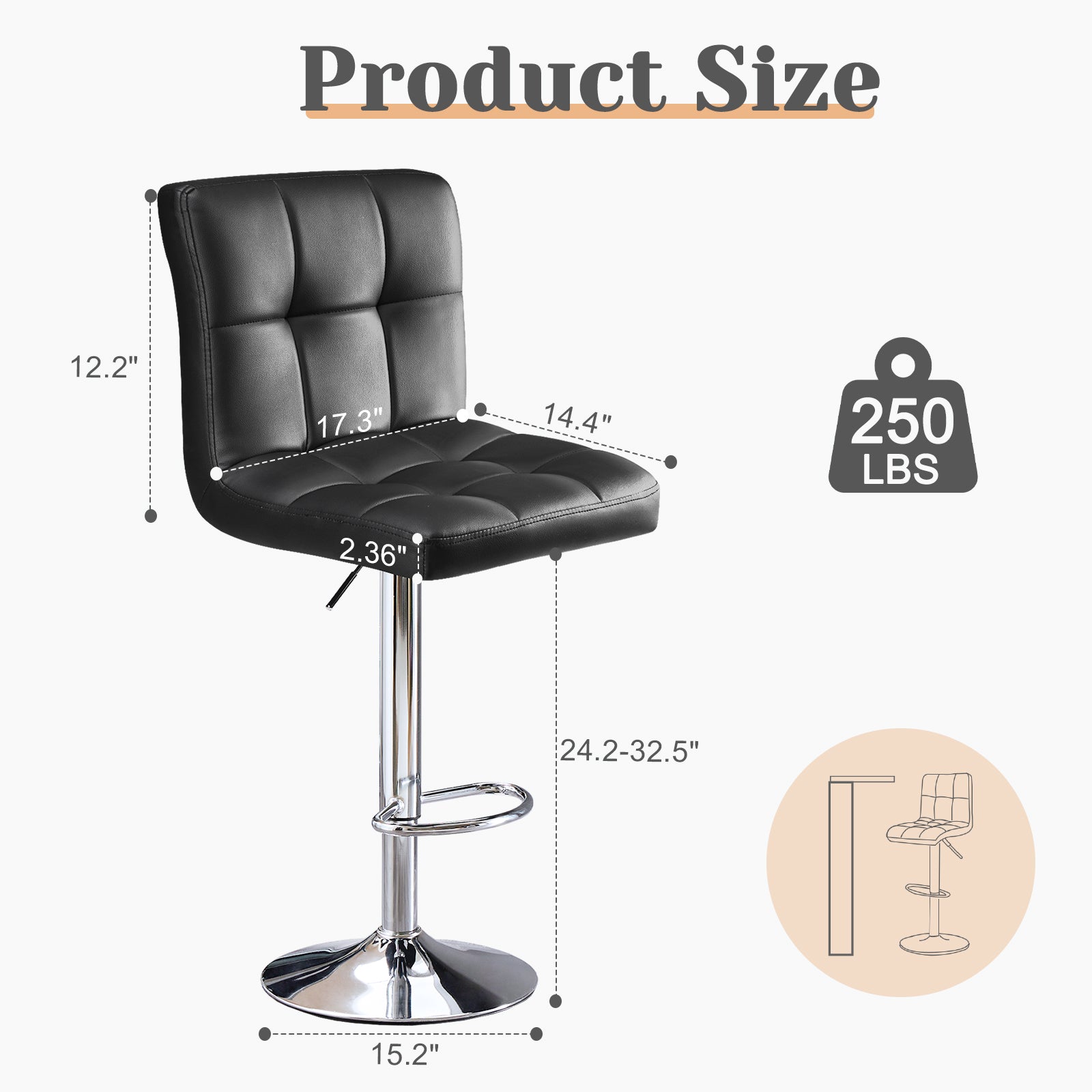 Warebay 2-Pack Adjustable Swivel Bar Stools with PU Leather Upholstered Seat