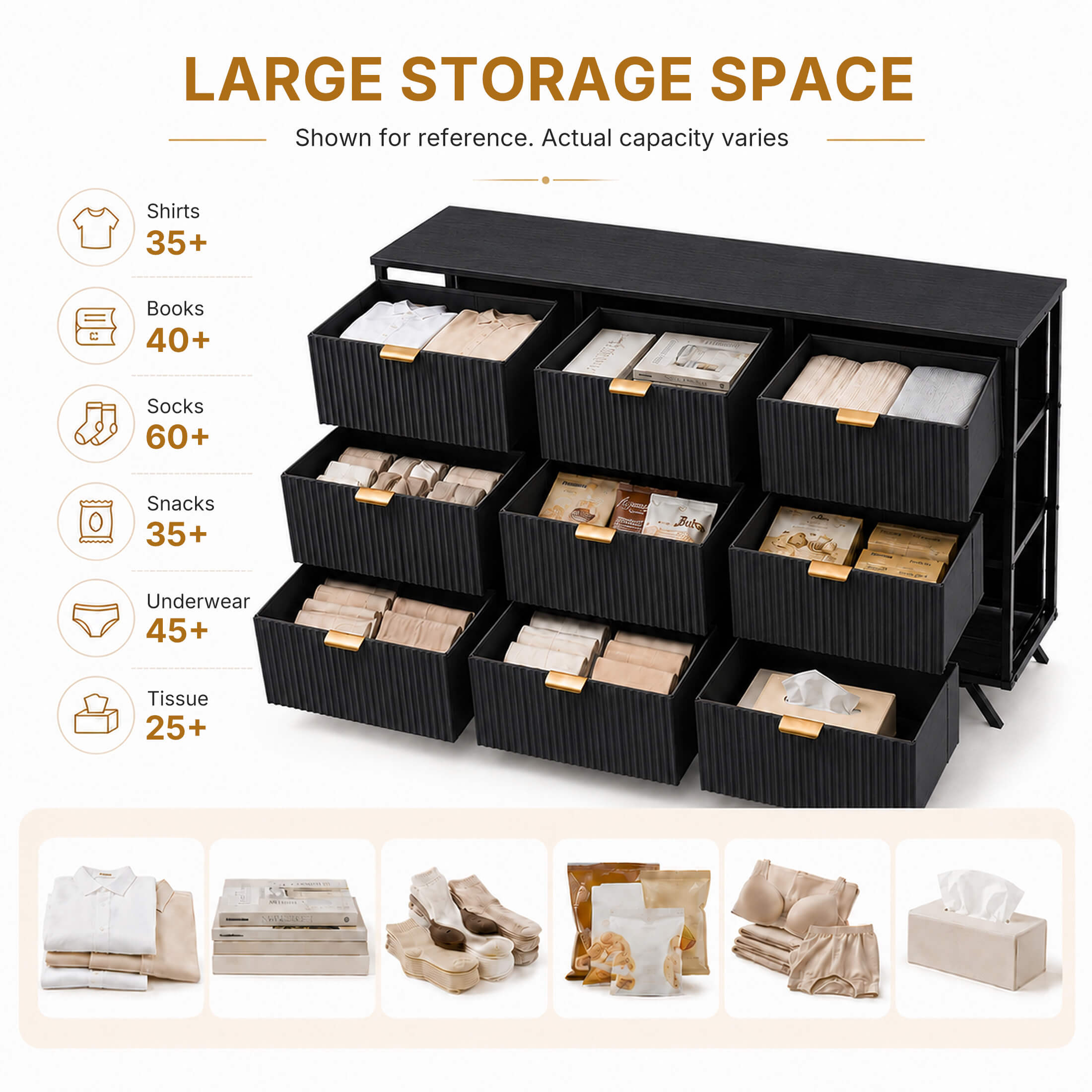 Warebay 9-Drawer Fluted Dresser for Bedroom, Wide Storage Chest of Drawers