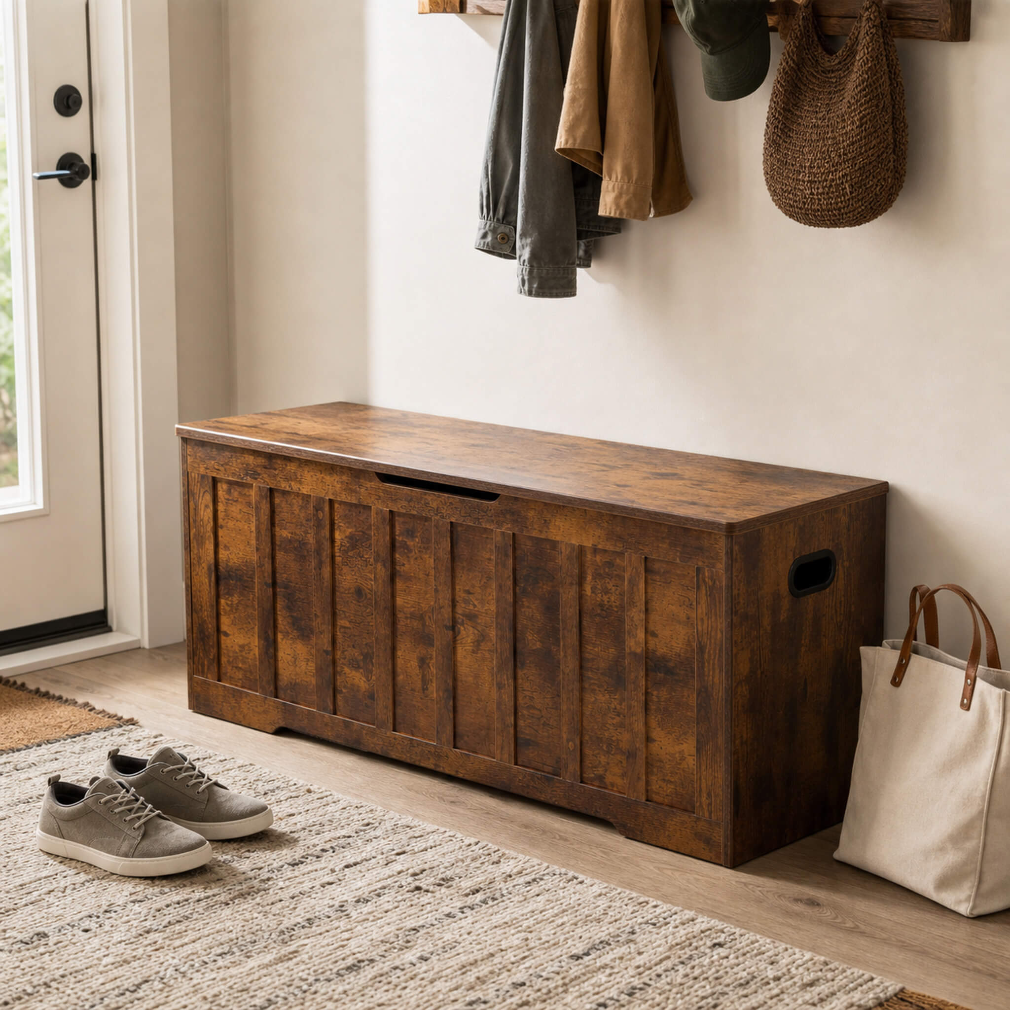 47" Storage Bench with Soft-Close Lid – Farmhouse Entryway Bench with Storage for Bedroom
