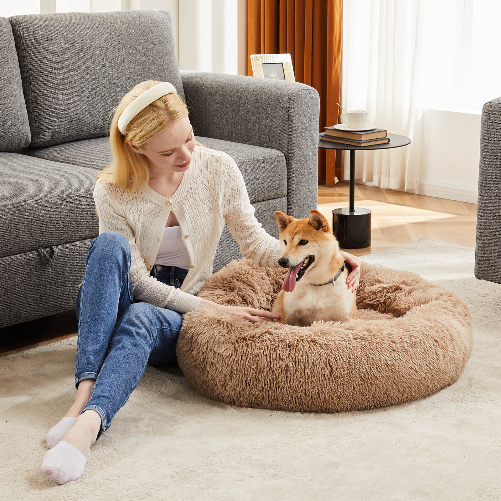 Round Faux Fur Pet Calming Bed