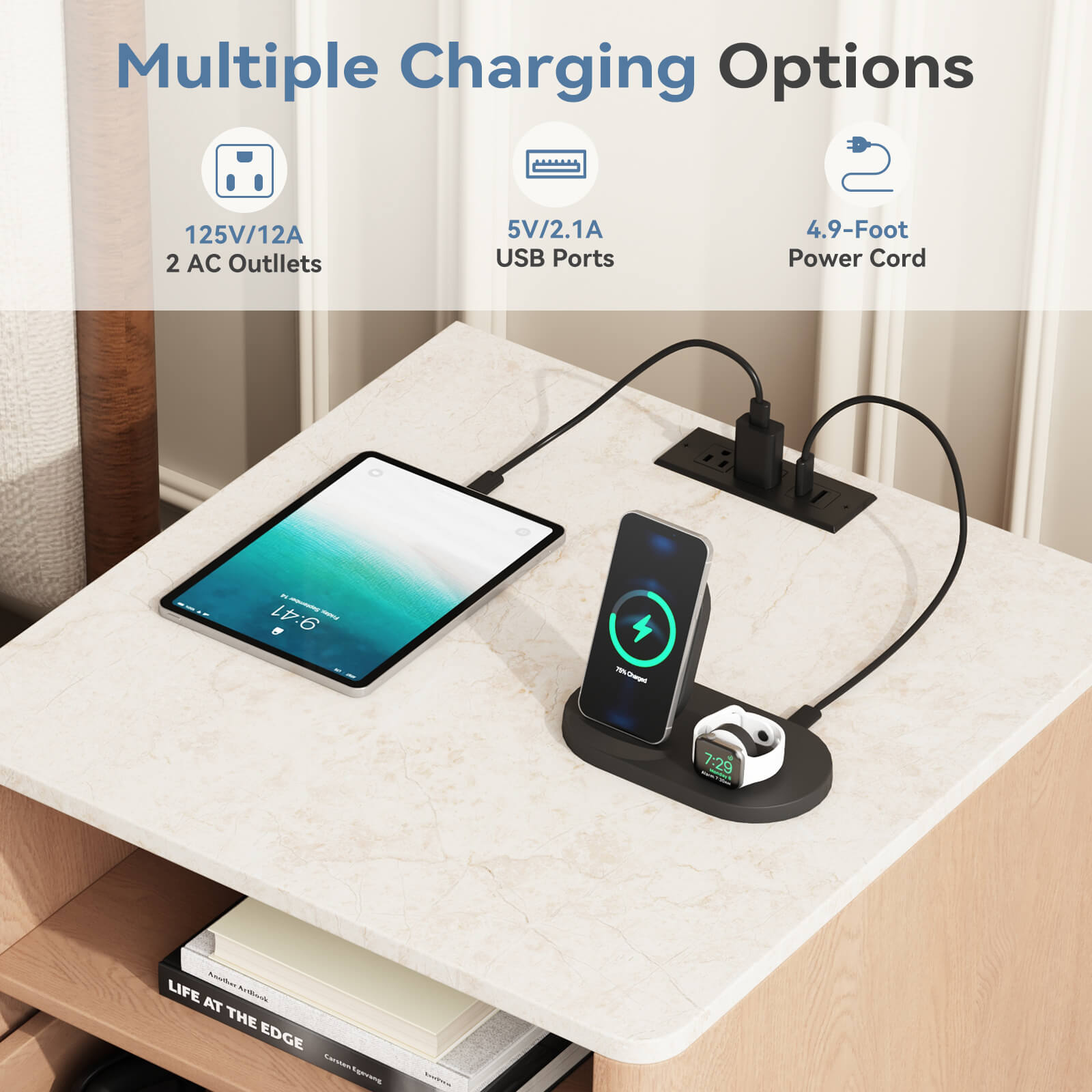 Fluted Nightstand with Charging Station, 2 AC Outlets & USB Ports, Mid-Century Bedside Table with 2 Drawers