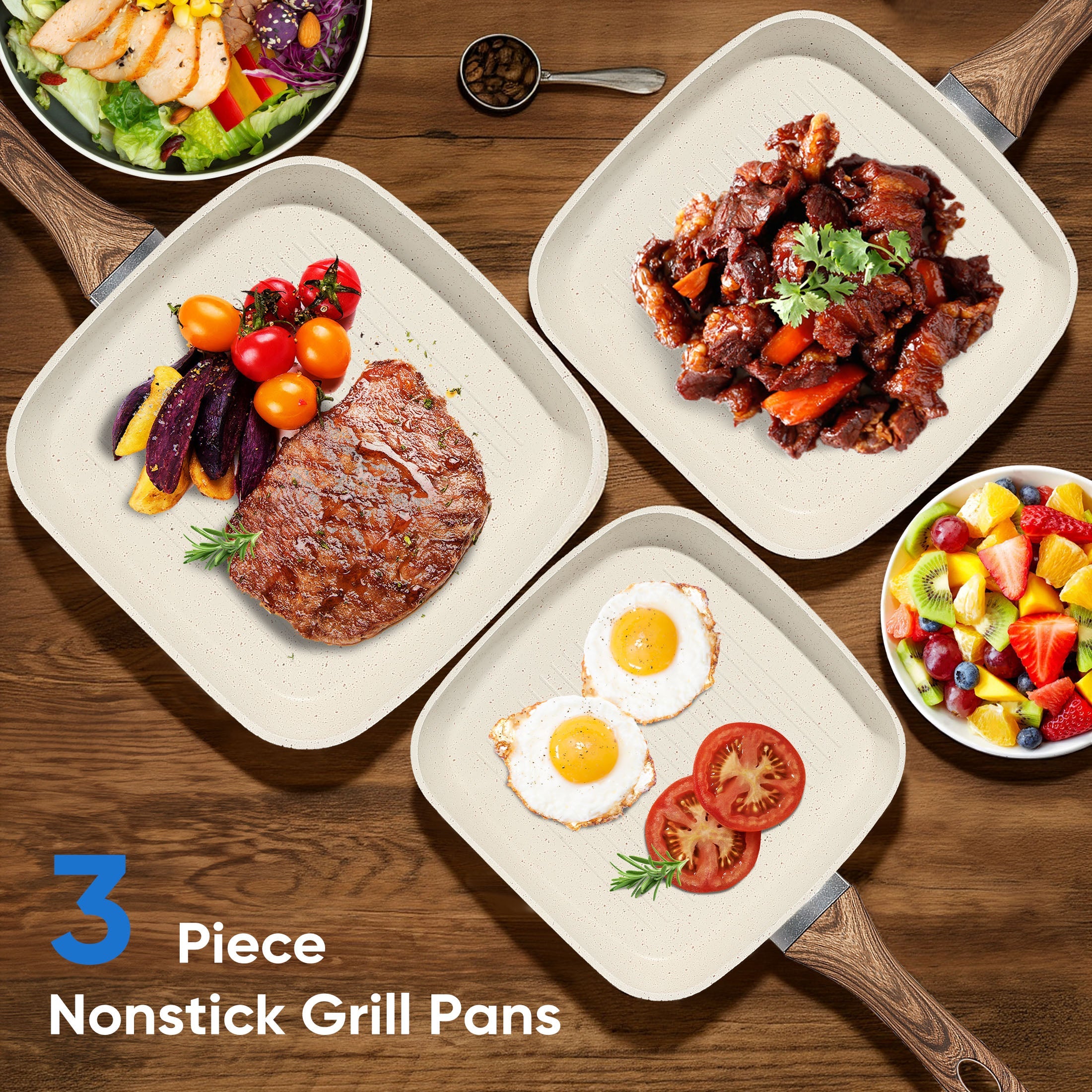 Square Nonstick Frying Pan Set Wooden Handle