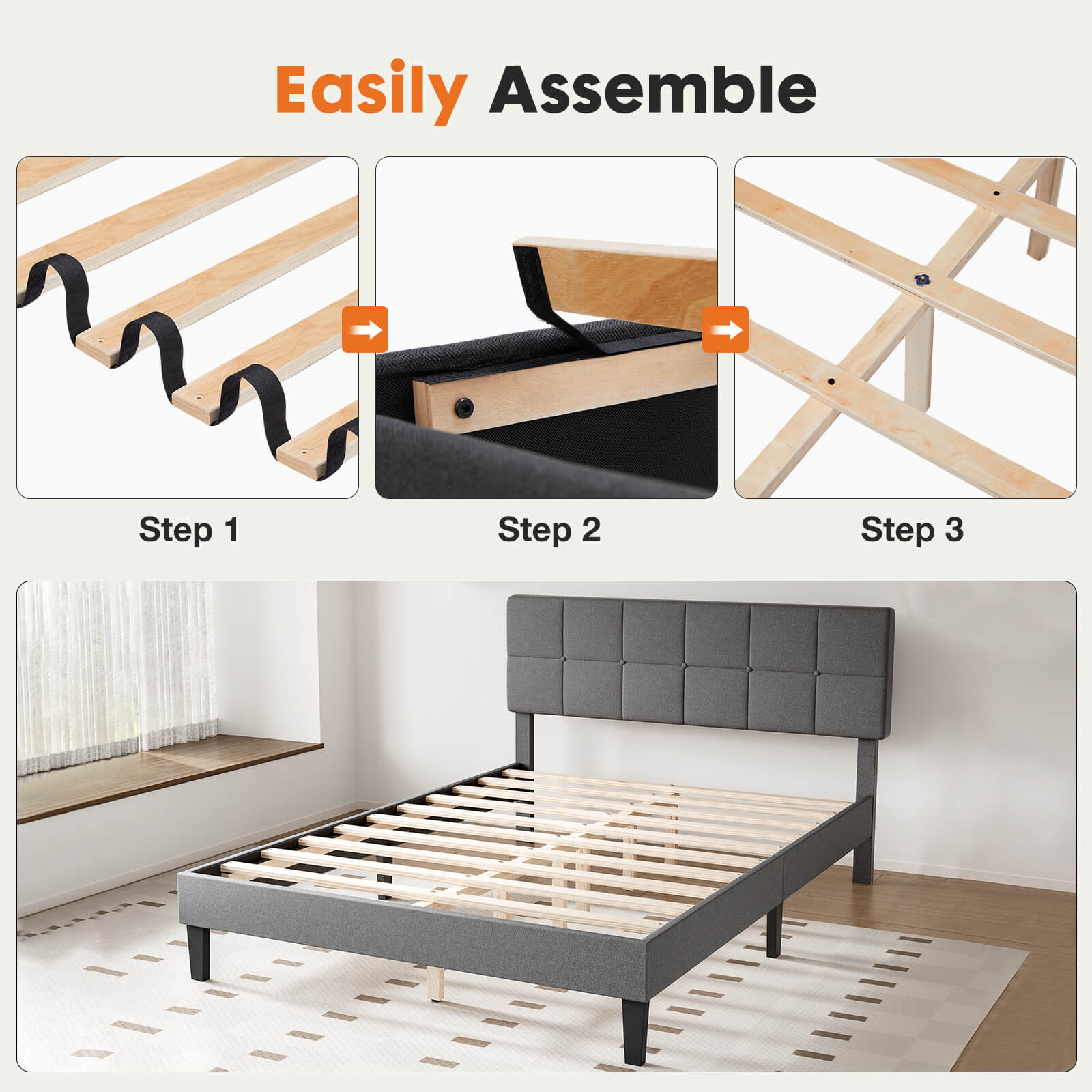 Upholstered Linen Bed Frame with Headboard