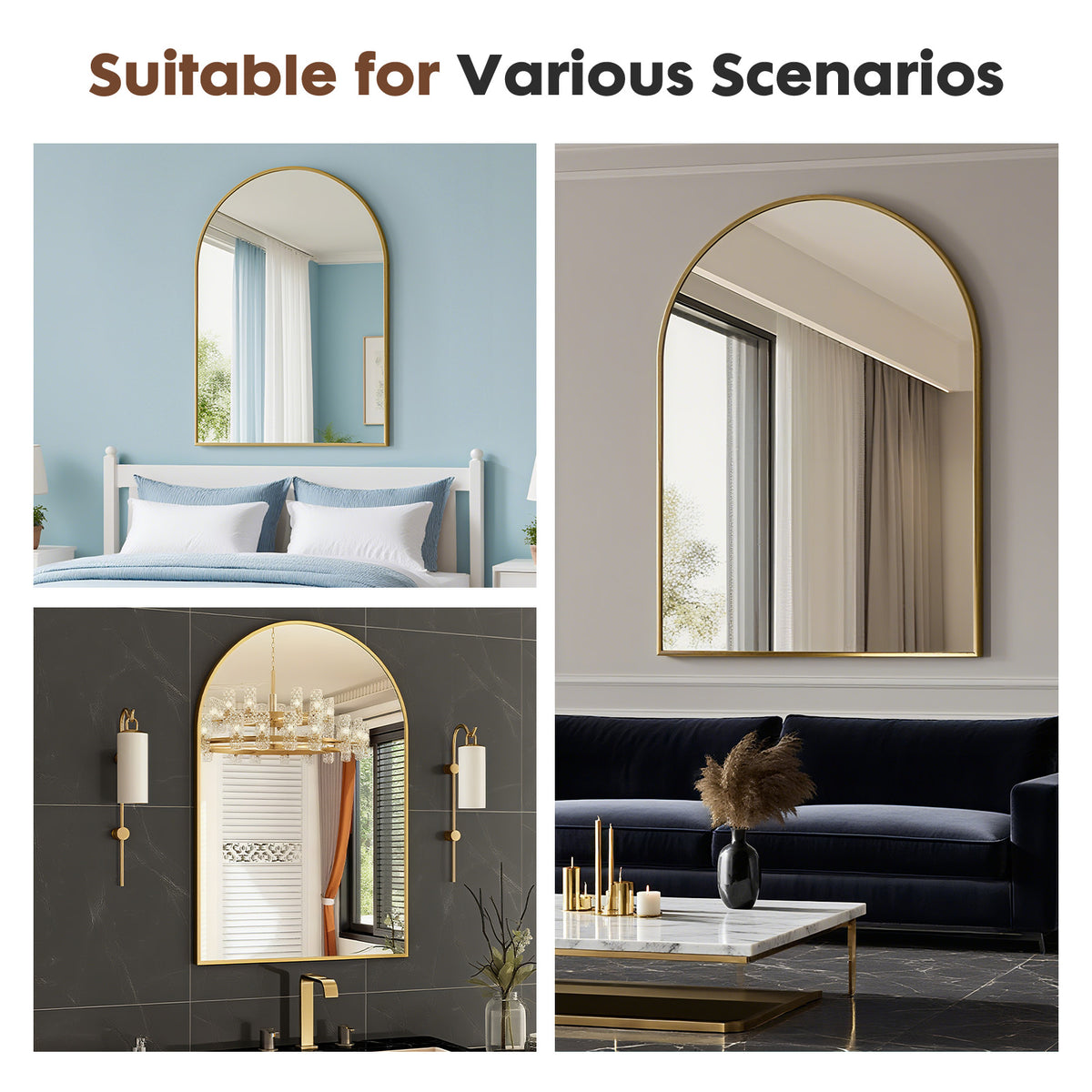 Arched Metal Frame Wall Mirror – Vanity Mirror for Bathroom, Bedroom & Entryway