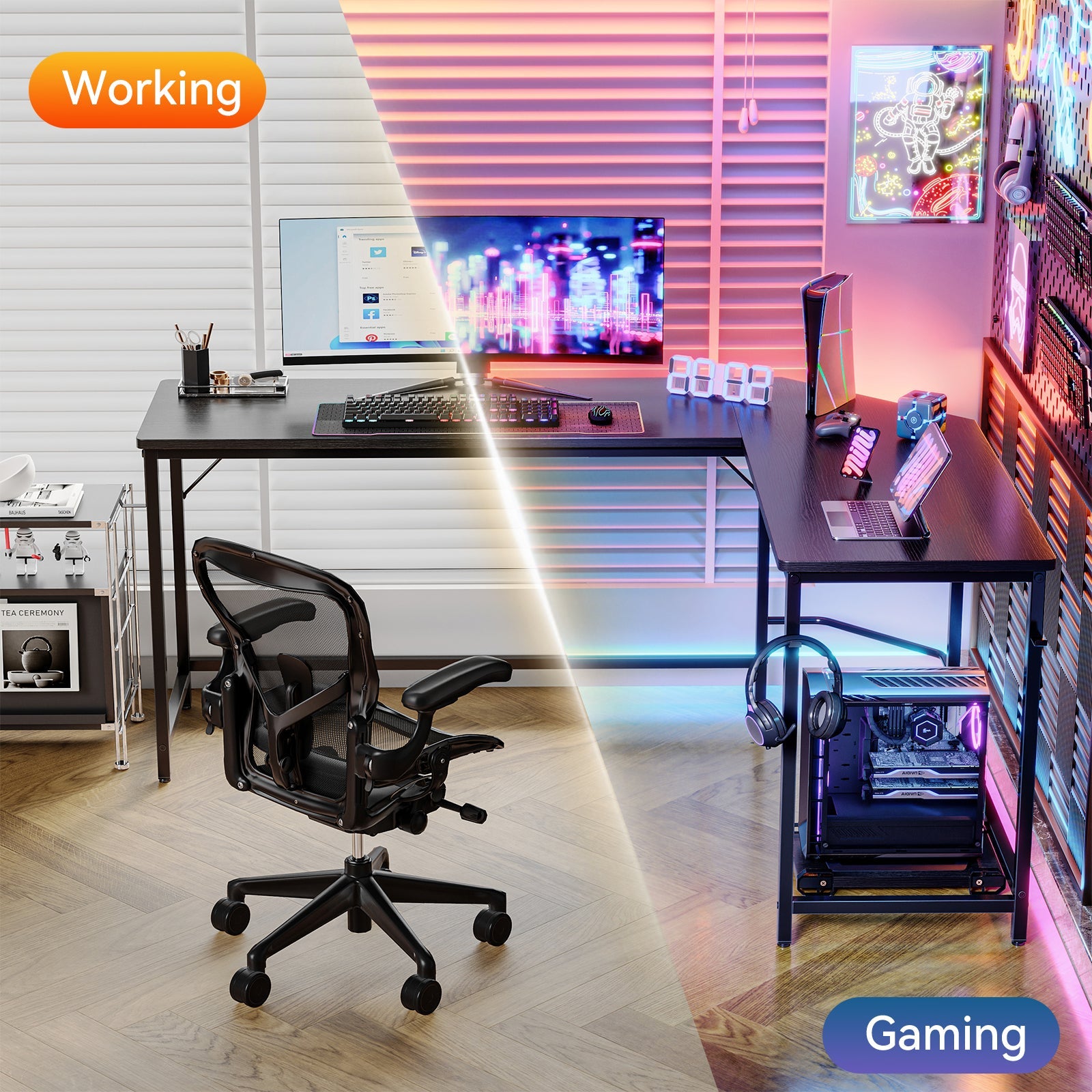 L-Shaped Computer Desk with CPU Stand