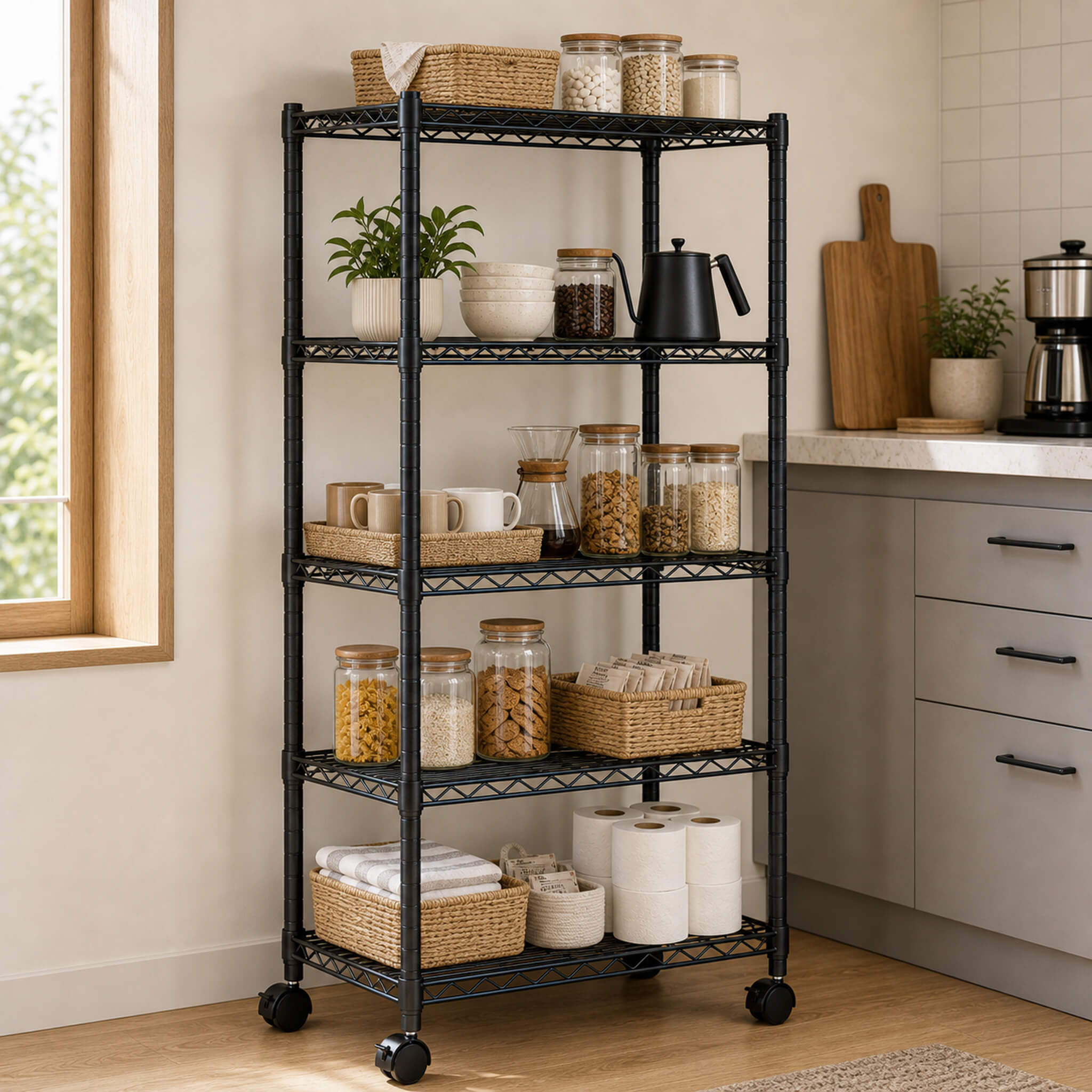 Heavy Duty Rolling Wire Shelving Unit, 3/4/5-Tier Metal Storage Shelf with Wheels