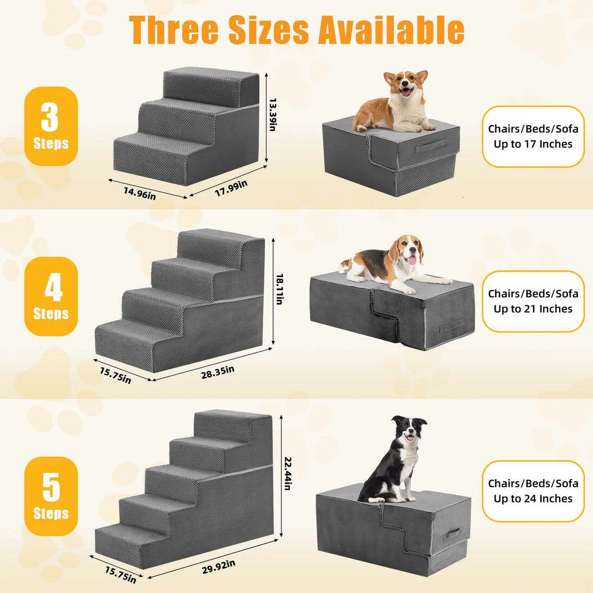 Pet Stairs for Dogs & Cats – Foam Dog Steps with Anti-Slip Base & Washable Cover, 3/4/5 Steps