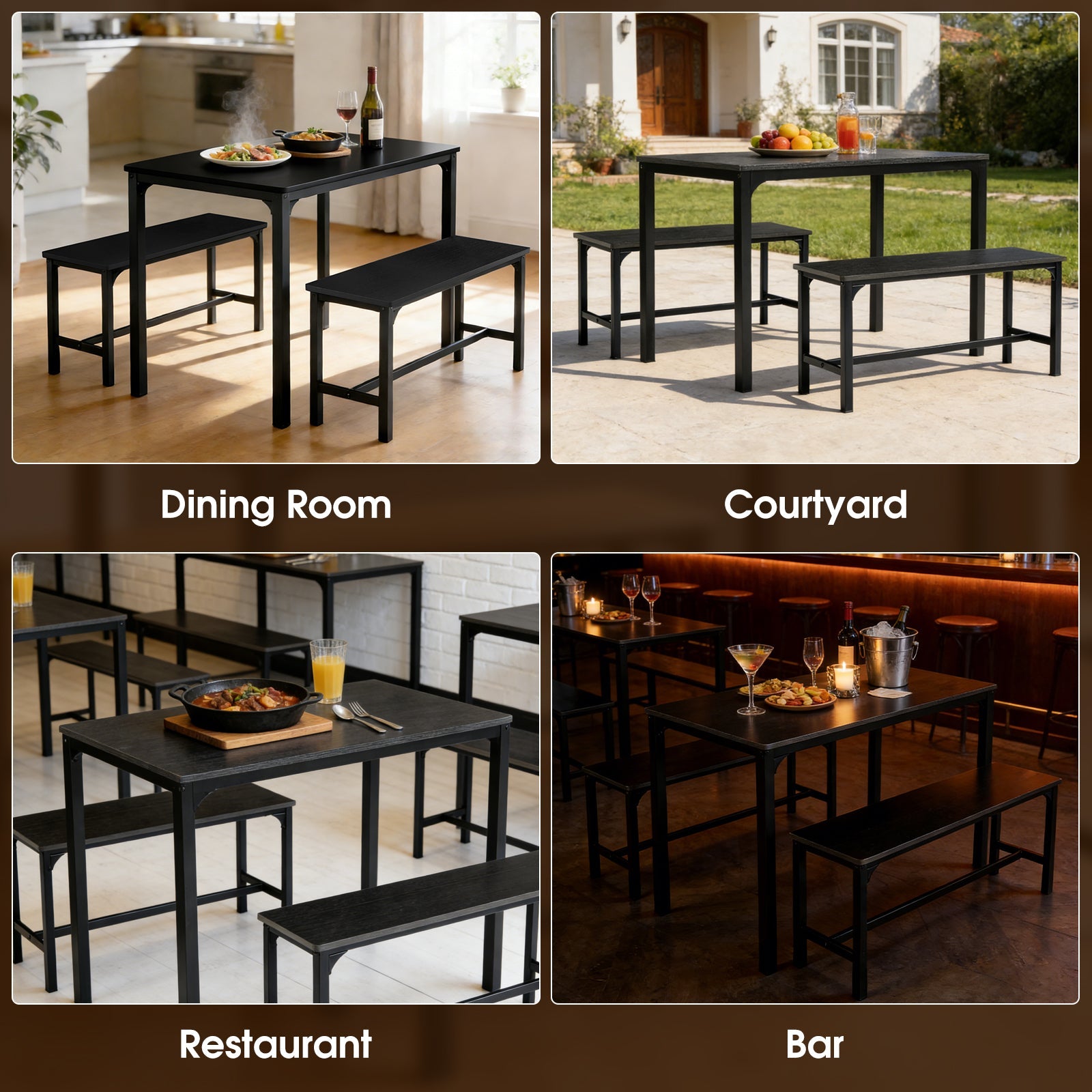 3/4-Piece Black Gray Dining Table Set