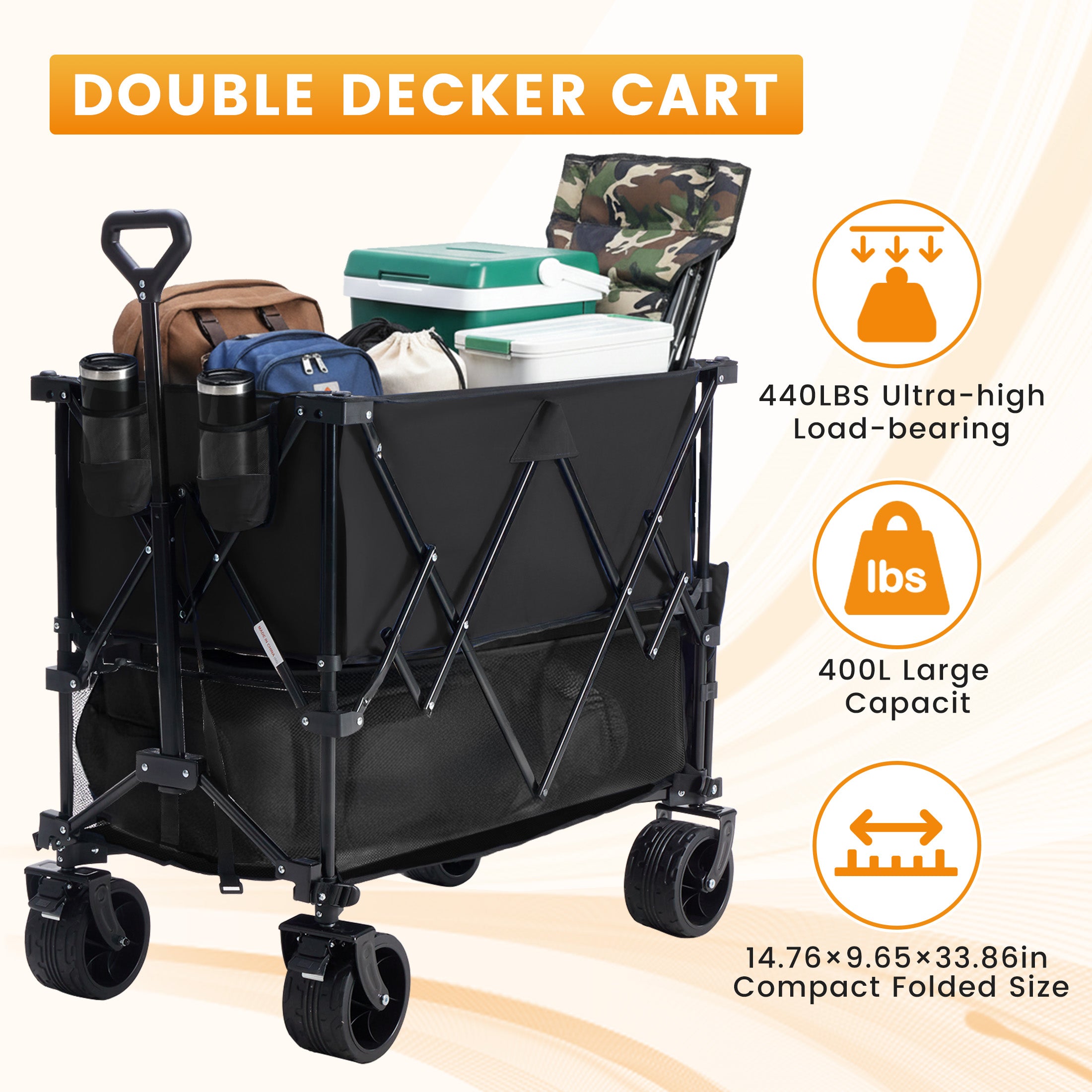 WareBay Double Decker Collapsible Wagon Cart – 440 lbs Capacity, 400L Storage & All-Terrain Wheels, Black