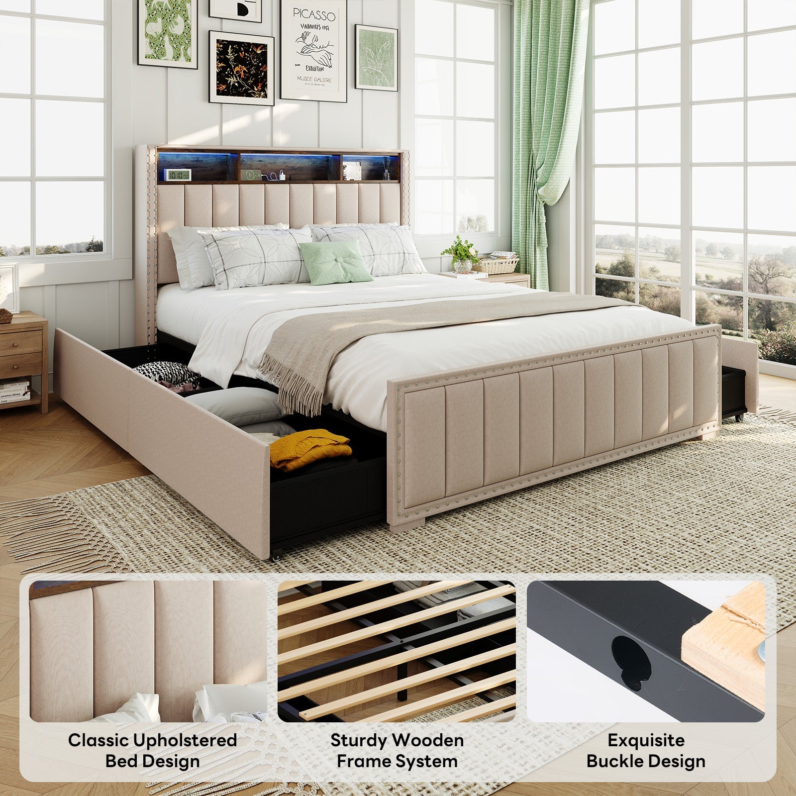 Upholstered Storage Bed Frame with Power Outlets