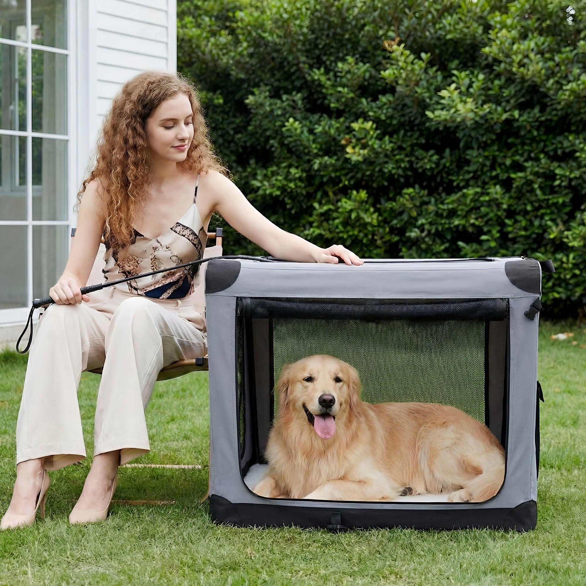 Foldable Soft-Sided Dog Crate with Mesh