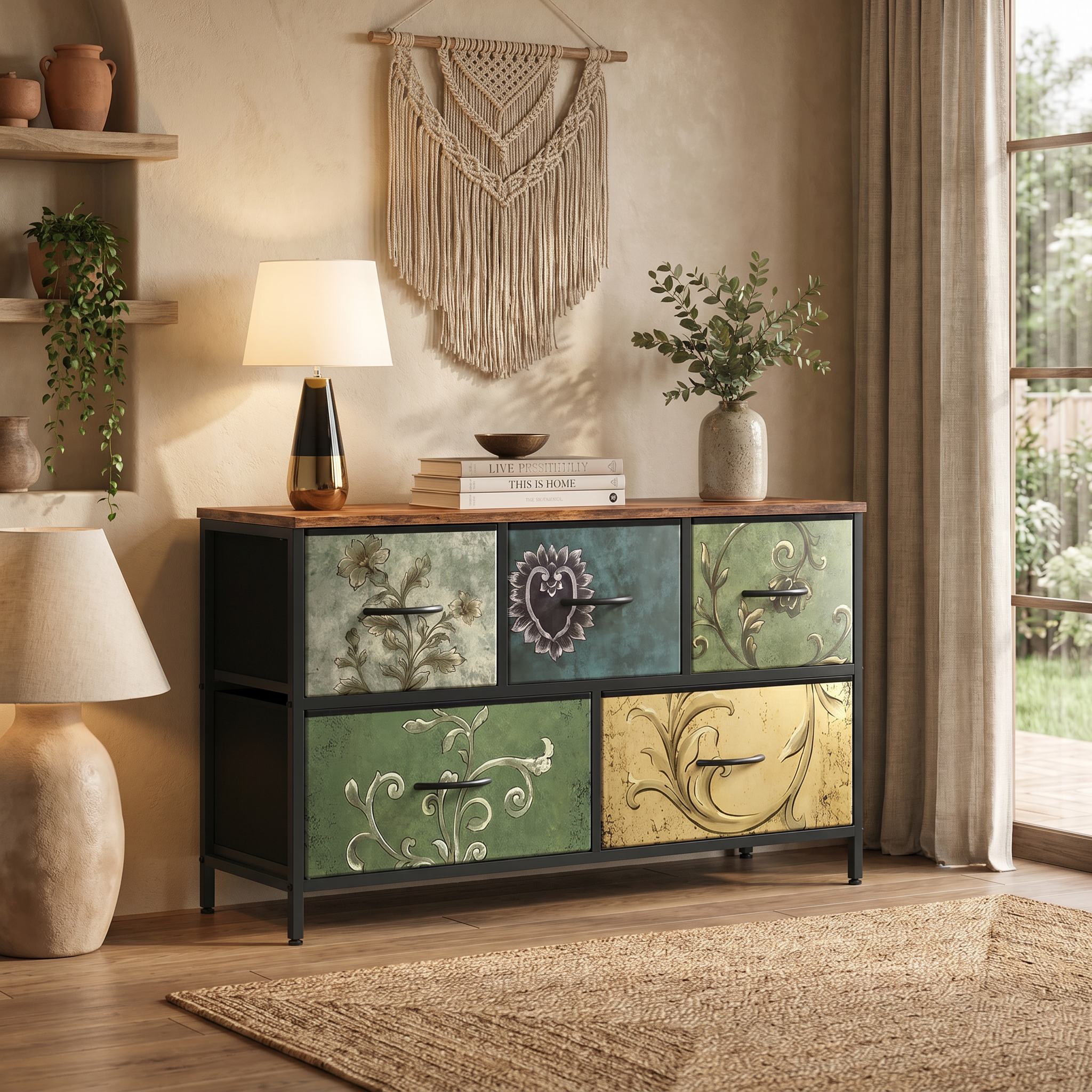 5 Drawer Fabric Dresser with Wood Top for Bedroom