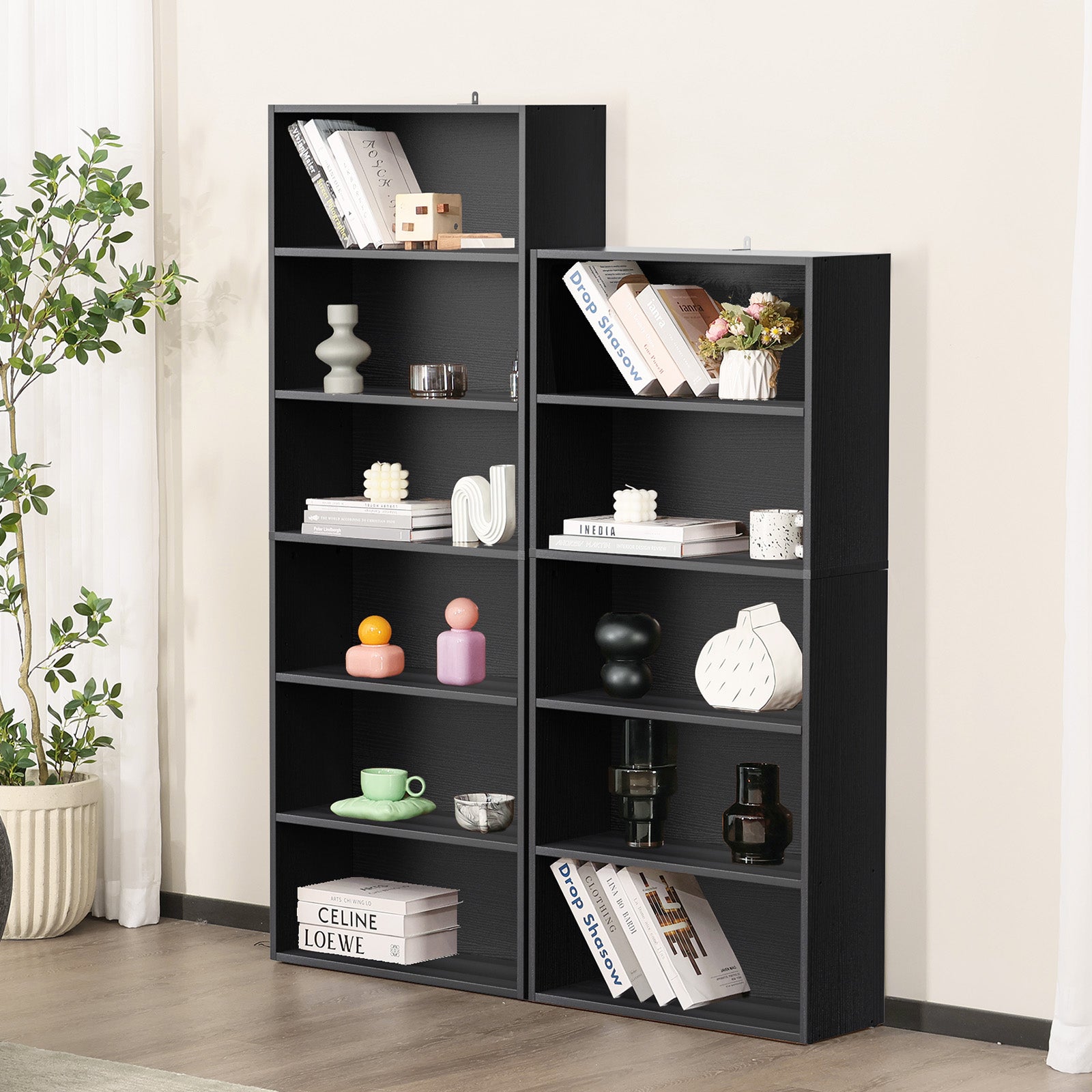 Industrial 5 & 6-Tier Bookcase | 53"/63" Tall Open Bookshelf for Home Office, Living Room & Bedroom