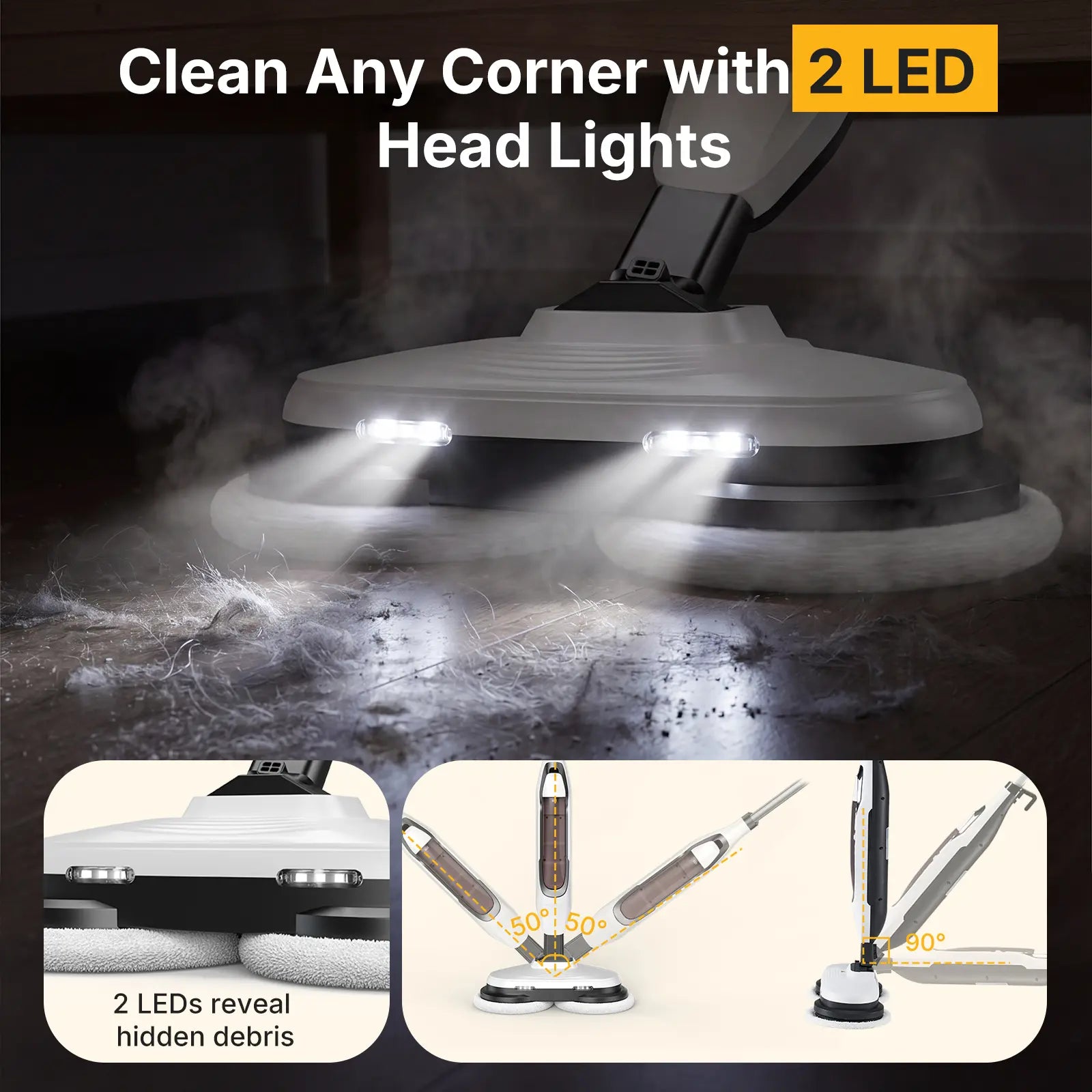 Hard Floor Steam Mop with Dual Rotating Heads – 3 Steam Modes, LED Headlights & Washable Pads