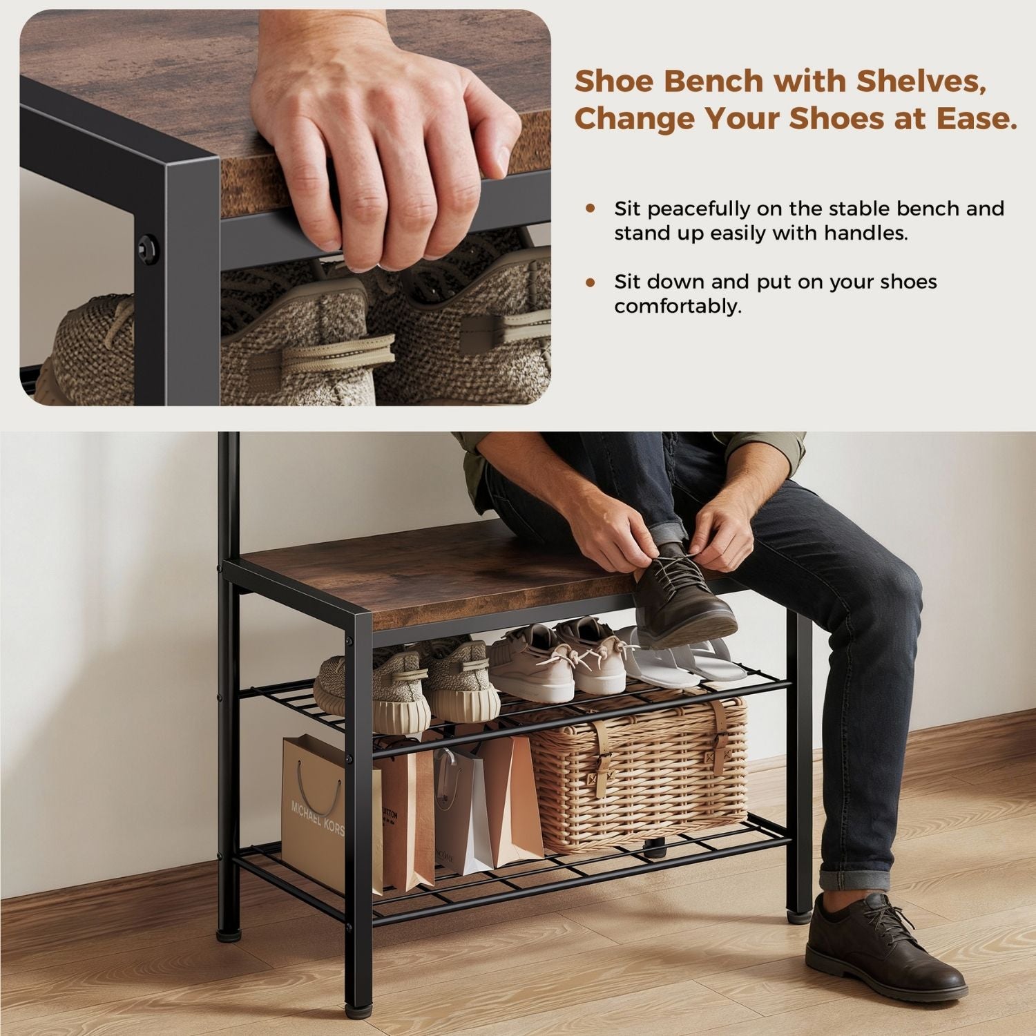 WareBay Entryway Hall Tree | Coat Rack, Shoe Bench & Storage Shelves with Hooks