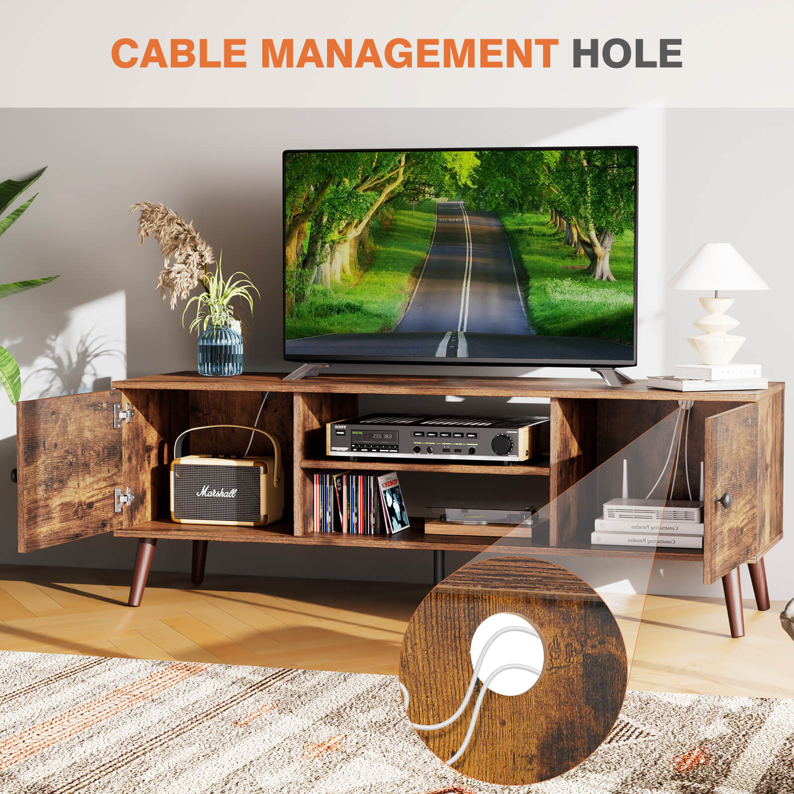Walnut Wood 60" TV Stand Double Cabinet