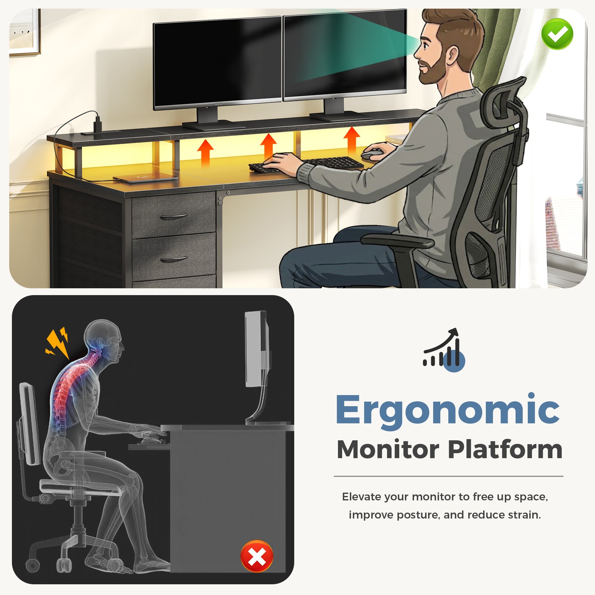 LED Computer Desk with Drawers and Charging