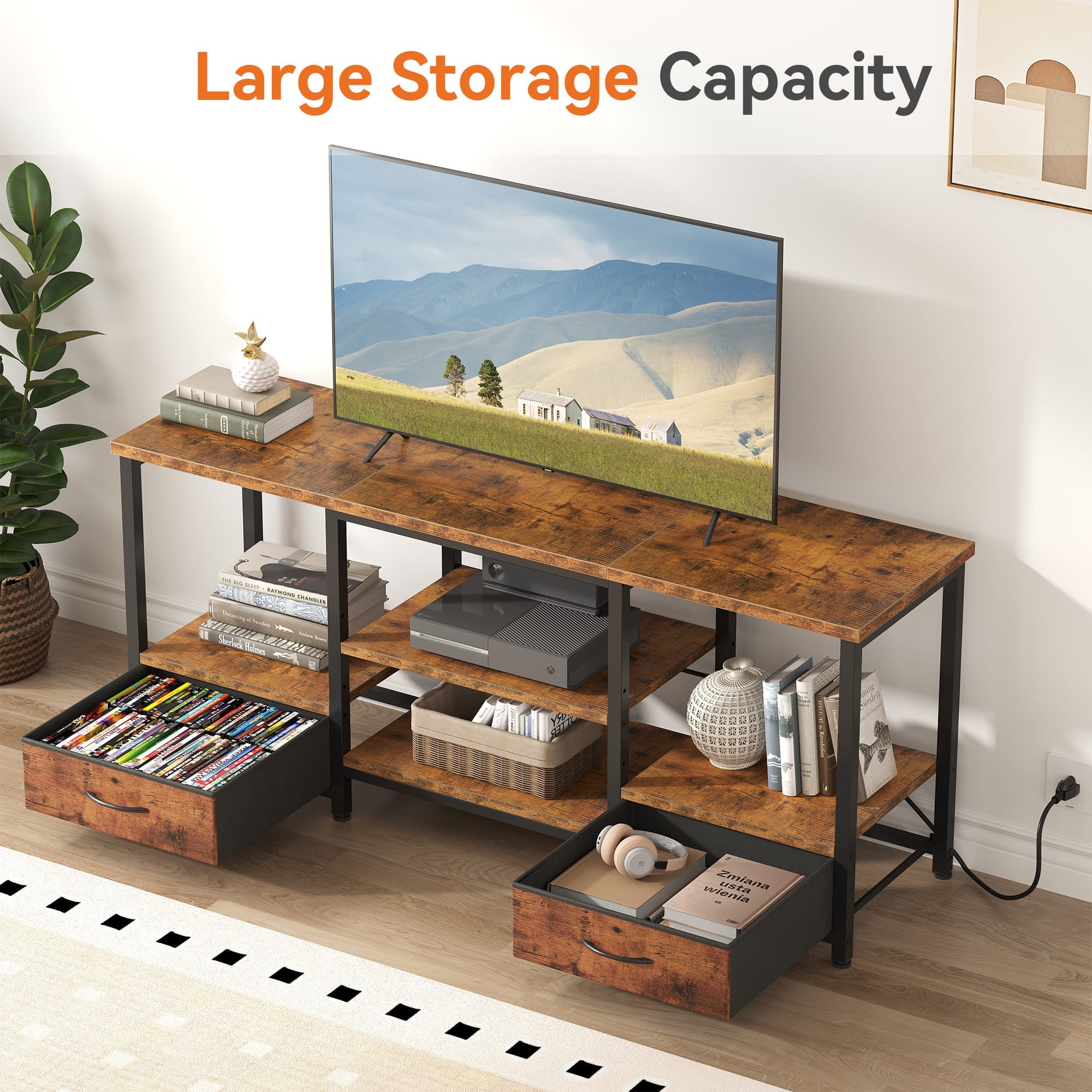 Brown Wood TV Stand with Fabric Drawers